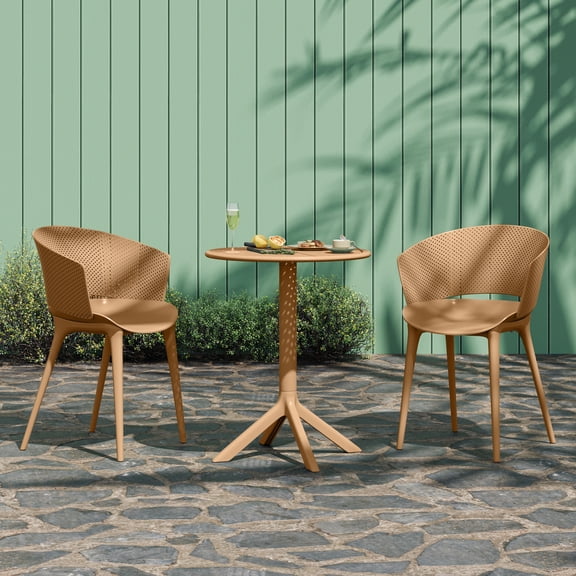 Christopher Knight Home 3-Piece Outdoor Bistro Set, Plastic Table and Round Back Chairs, Brown Yellow