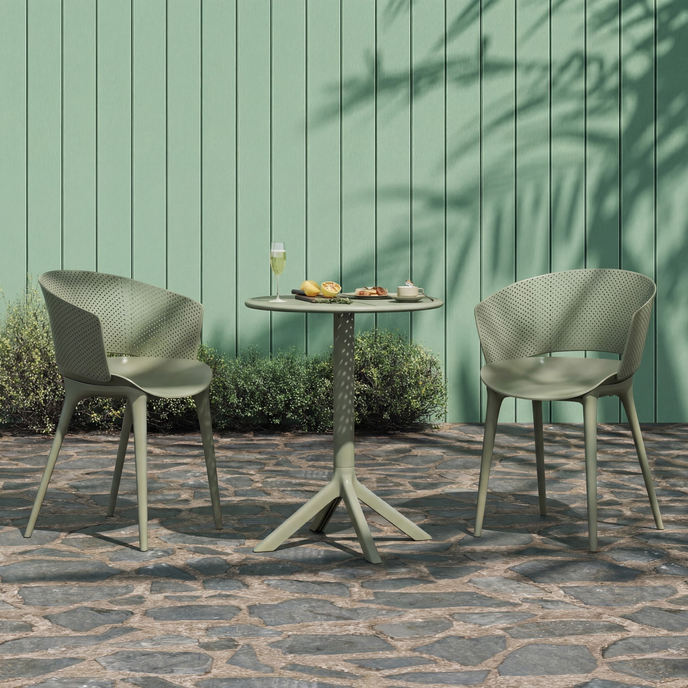 Christopher Knight Home 3-Piece Outdoor Bistro Set, Plastic Table and Round Back Chairs, Sage Green