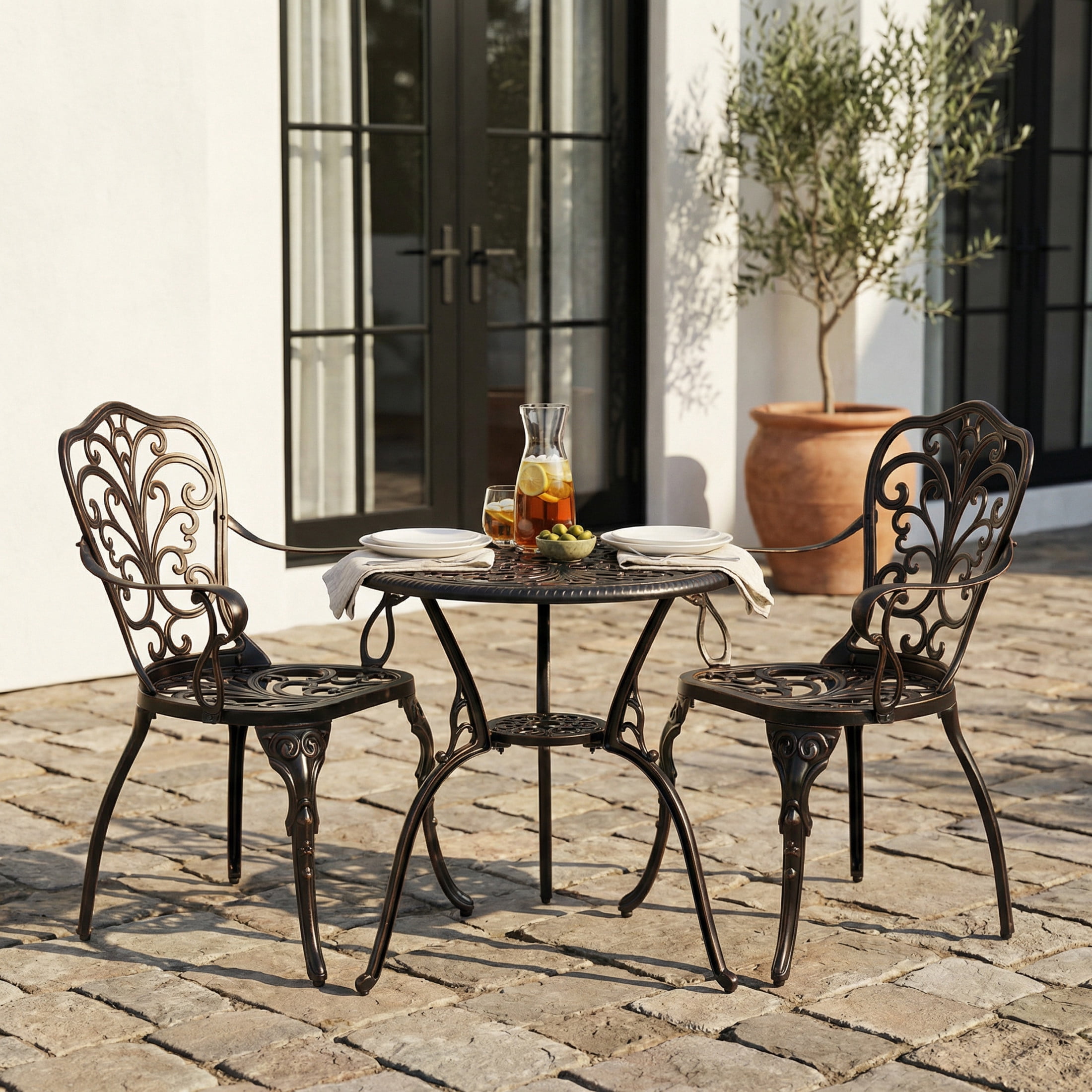 Christopher Knight Home 3-Piece Outdoor Bistro Set, Round Patio Table with Armchairs, Copper Finish