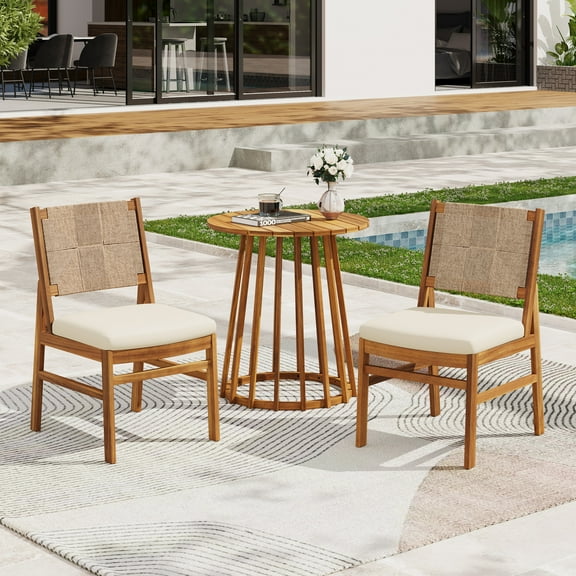 Christopher Knight Home 3-Piece Outdoor Bistro Set, Wood Round Slat Table with Wicker Chairs and Cream Cushion