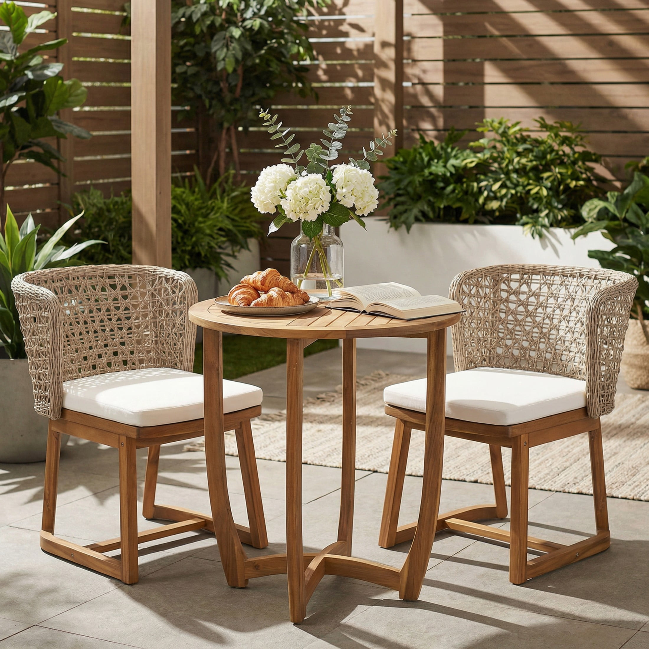 Christopher Knight Home 3-Piece Outdoor Bistro Set, Wood Table with Wicker Chairs and Cushions, Teak+Beige