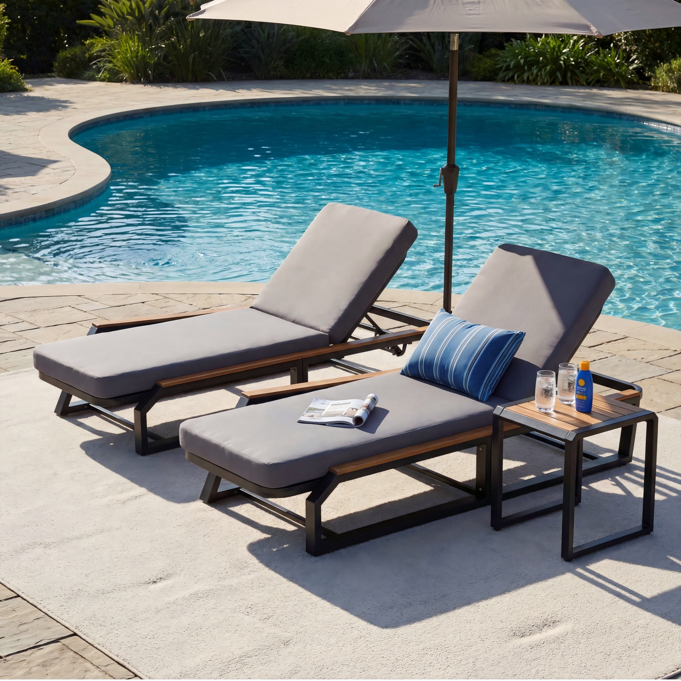 Christopher Knight Home 3-Piece Outdoor Chaise Lounge with Side Table, Iron Frame with Cushion, Black+Gray