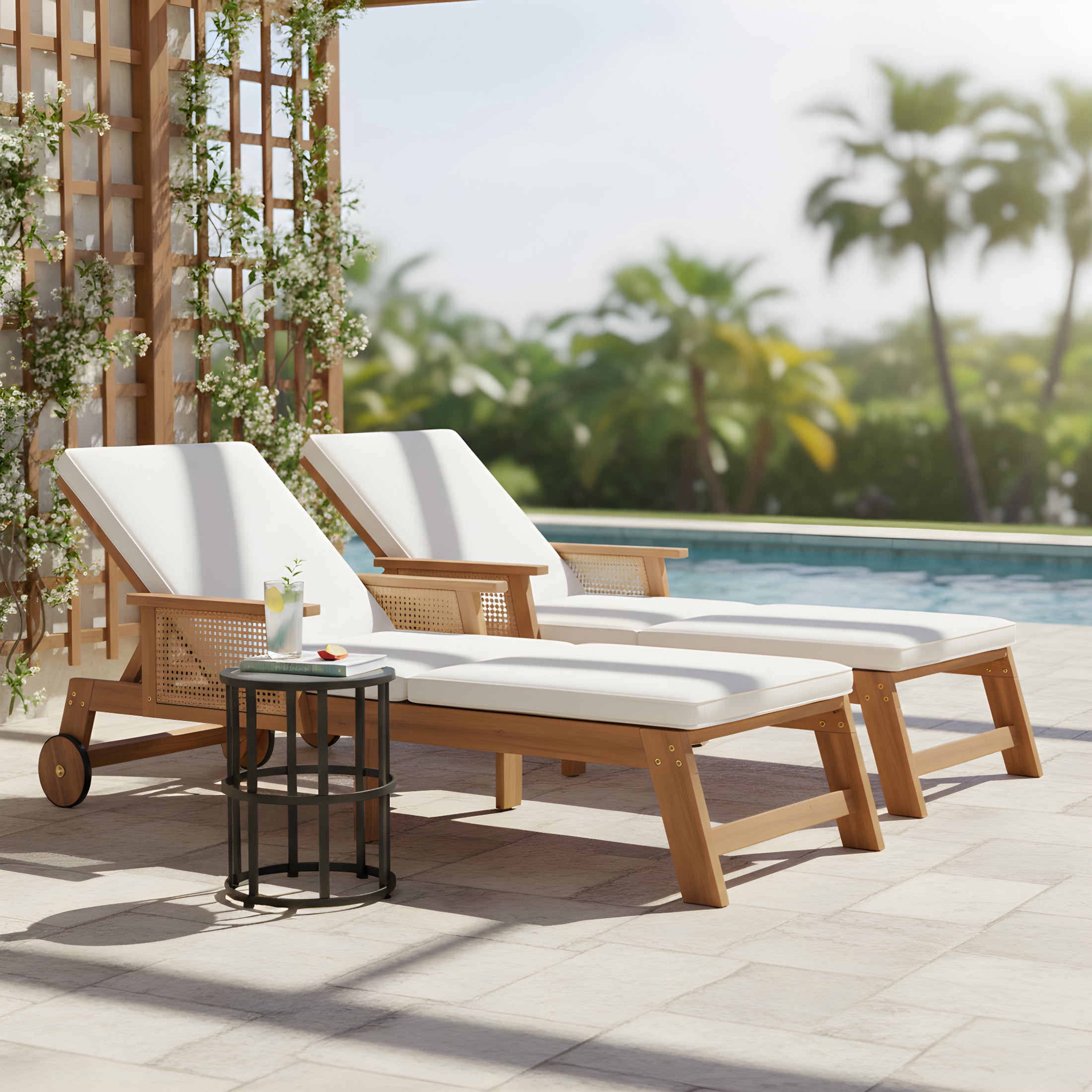 Christopher Knight Home 3-Piece Outdoor Chaise Lounges and Ceramic Tile Side Table, Natural + Black
