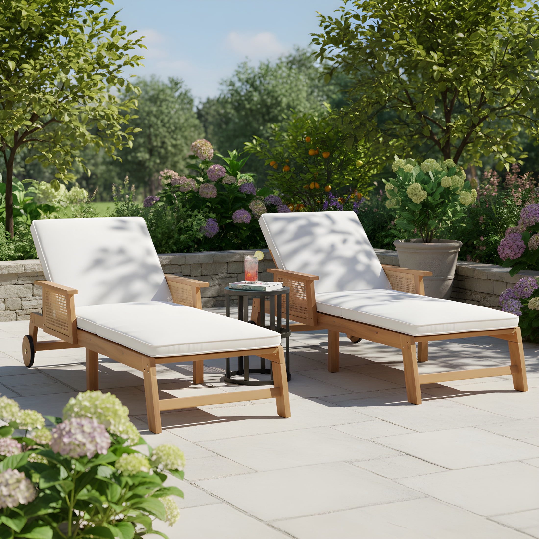 Christopher Knight Home 3-Piece Outdoor Chaise Lounges and Ceramic Tile Side Table, Natural + Black