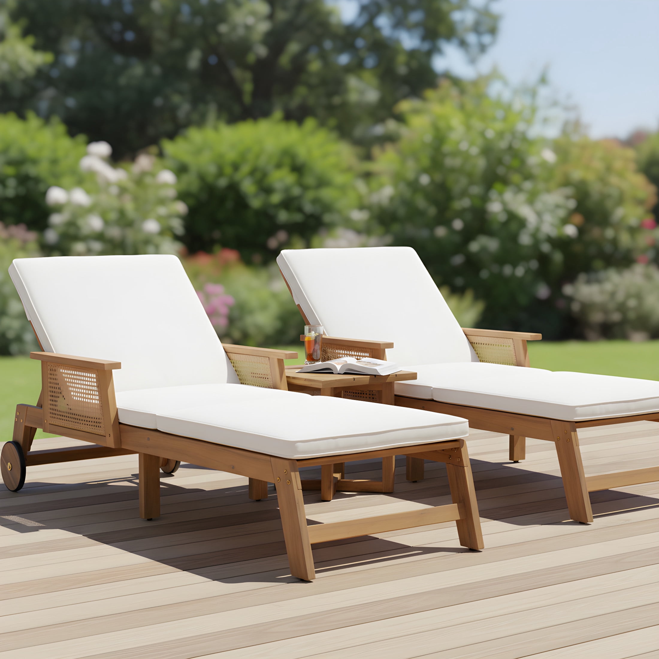 Christopher Knight Home 3-Piece Outdoor Chaise Lounges and Cross-Stretcher Side Table, Natural + Beige