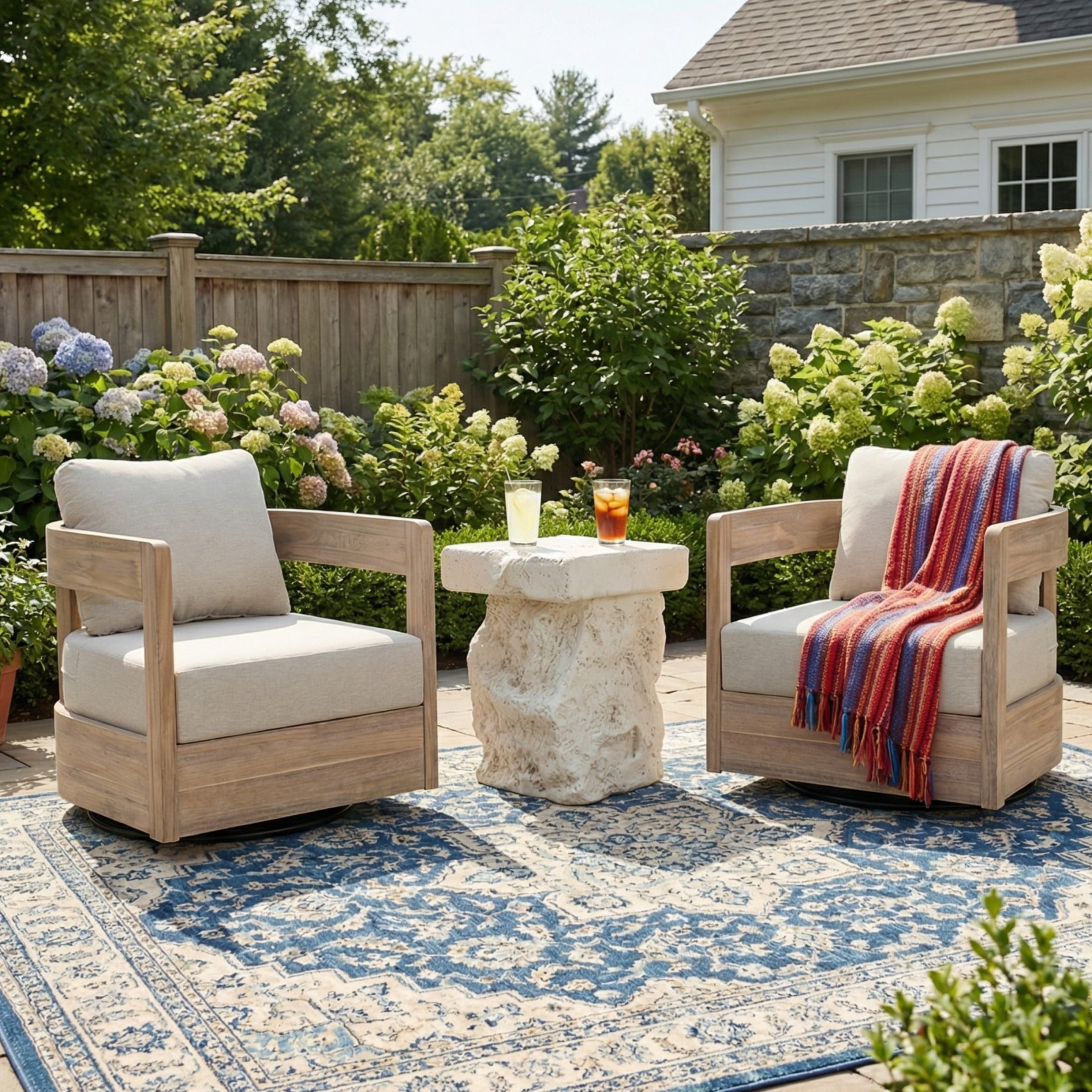 Christopher Knight Home 3-Piece Outdoor Chat Set, Light White Swivel Chairs with Beige Cushions and White Side Table