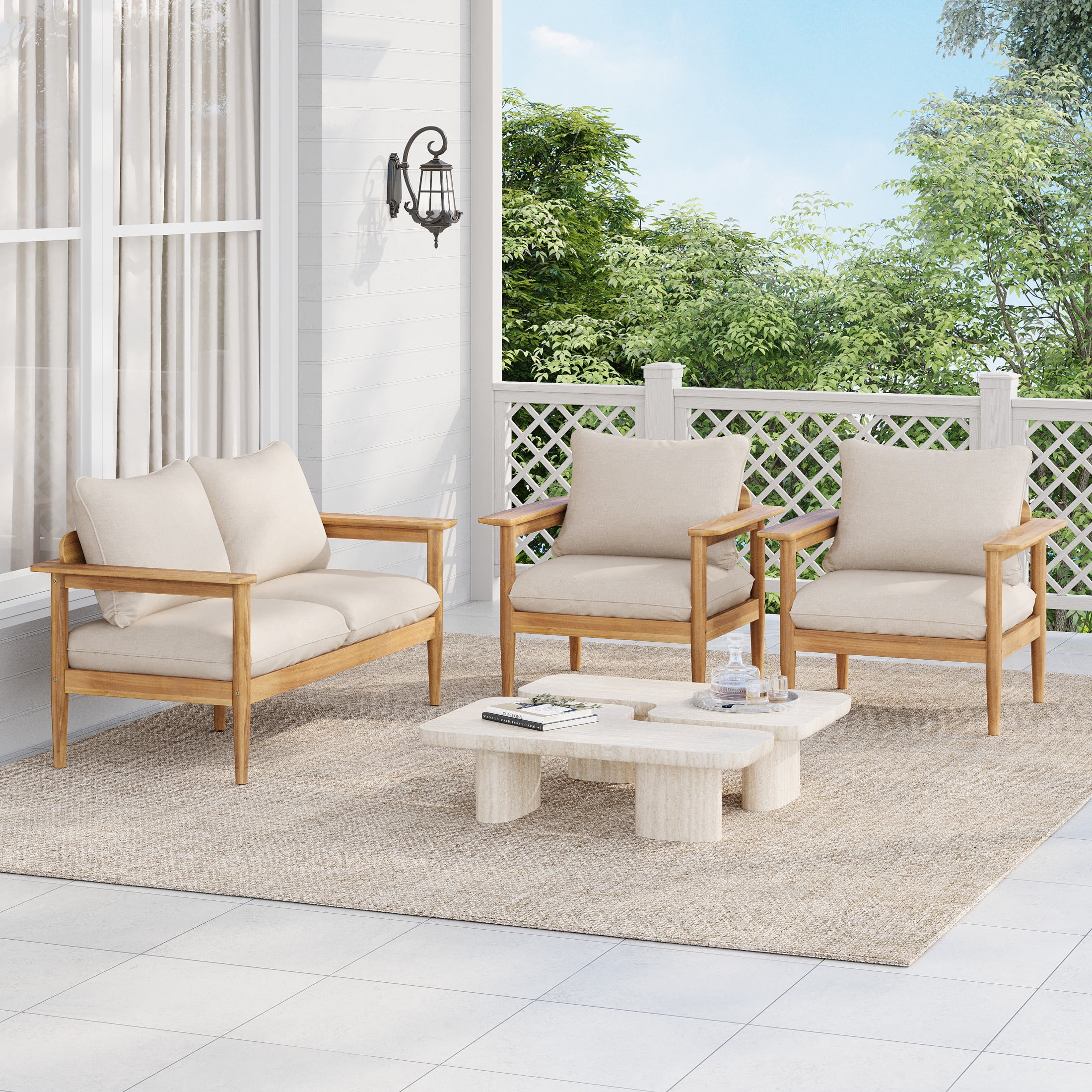 Christopher Knight Home 3-Piece Outdoor Chat Set, Solid Wood Frame with Beige Cushions, Light Teak