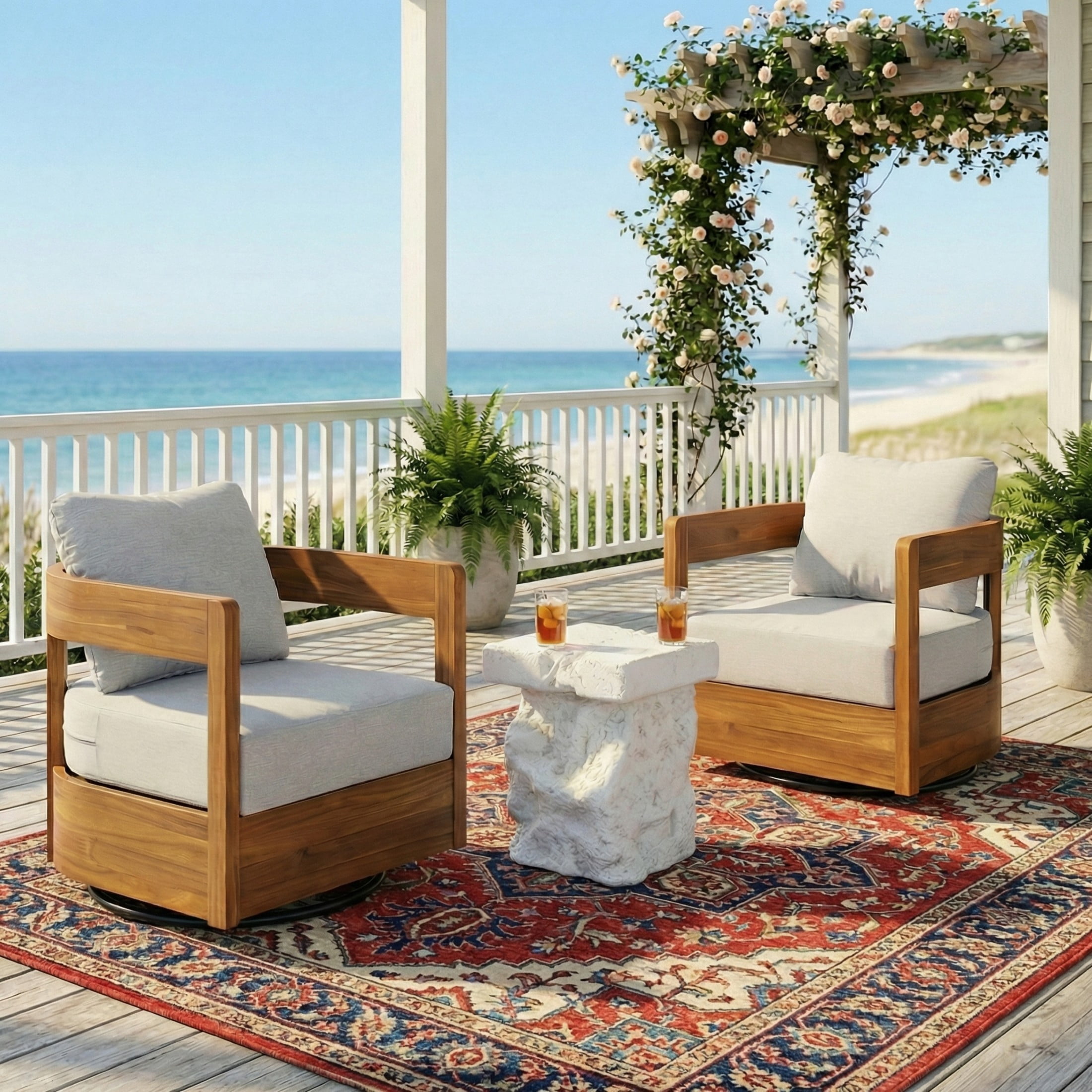 Christopher Knight Home 3-Piece Outdoor Chat Set, Teak Swivel Chairs with Beige Cushions and White Side Table