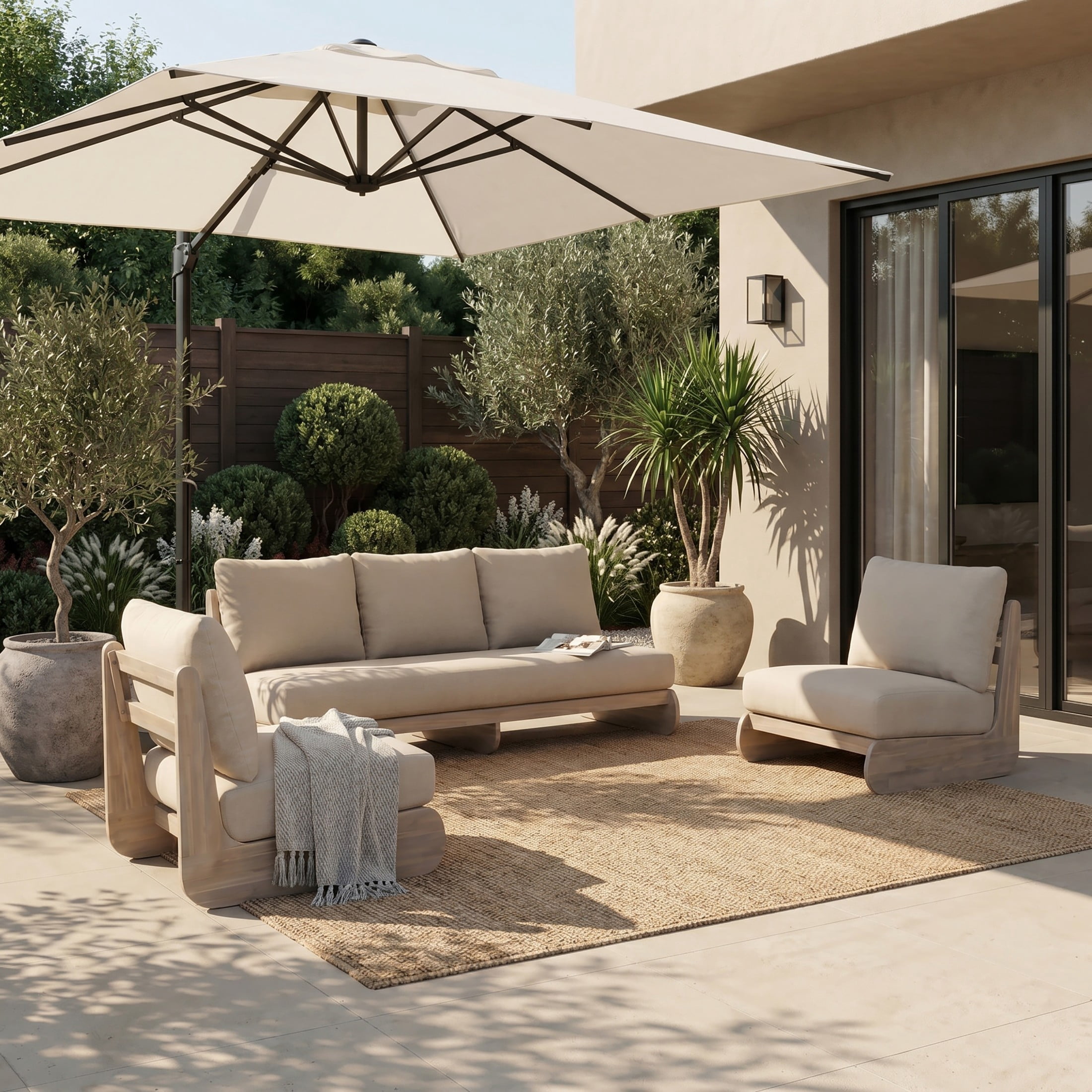 Christopher Knight Home 3 -Piece Outdoor Chat Set with Sand Cushions, Wood Frame, Patio Sofa & Club Chairs