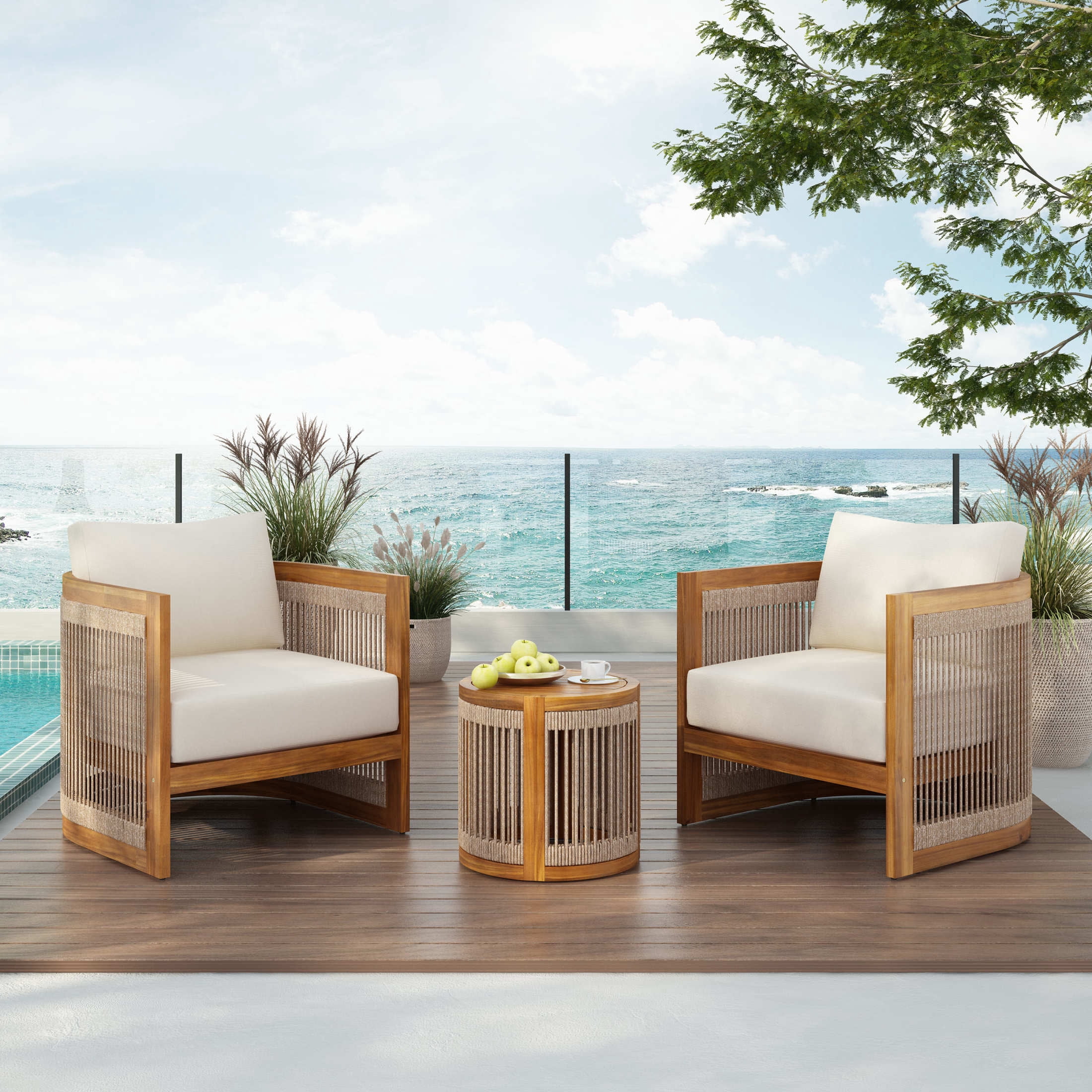 Christopher Knight Home 3-Piece Outdoor Chat Set with Side Table, Handwoven Rope and Acacia Wood Frame, Beige