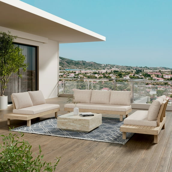 Christopher Knight Home 3-Piece Outdoor Conversation Sectional Set for 7, Wood Frame with Cushions, Light White+Sand