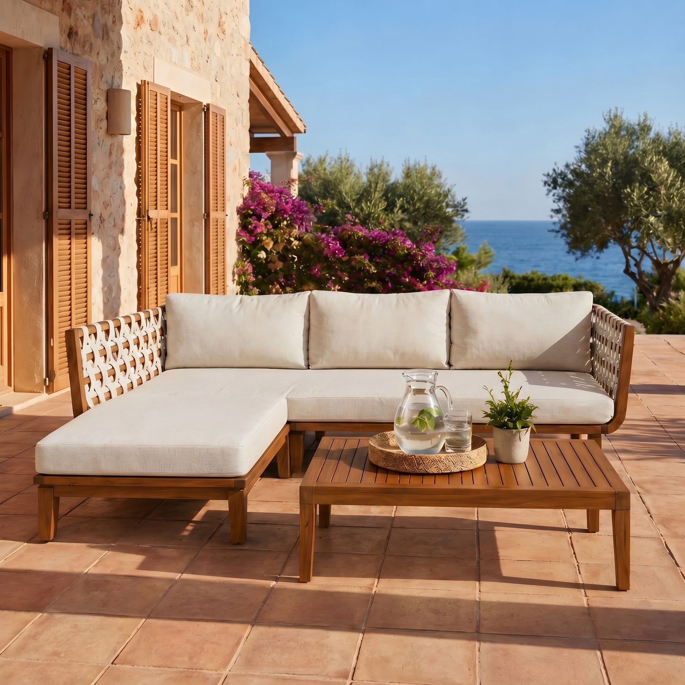 Christopher Knight Home 3-Piece Outdoor Conversation Sofa Set with Ottoman and Coffee Table, Teak+Beige