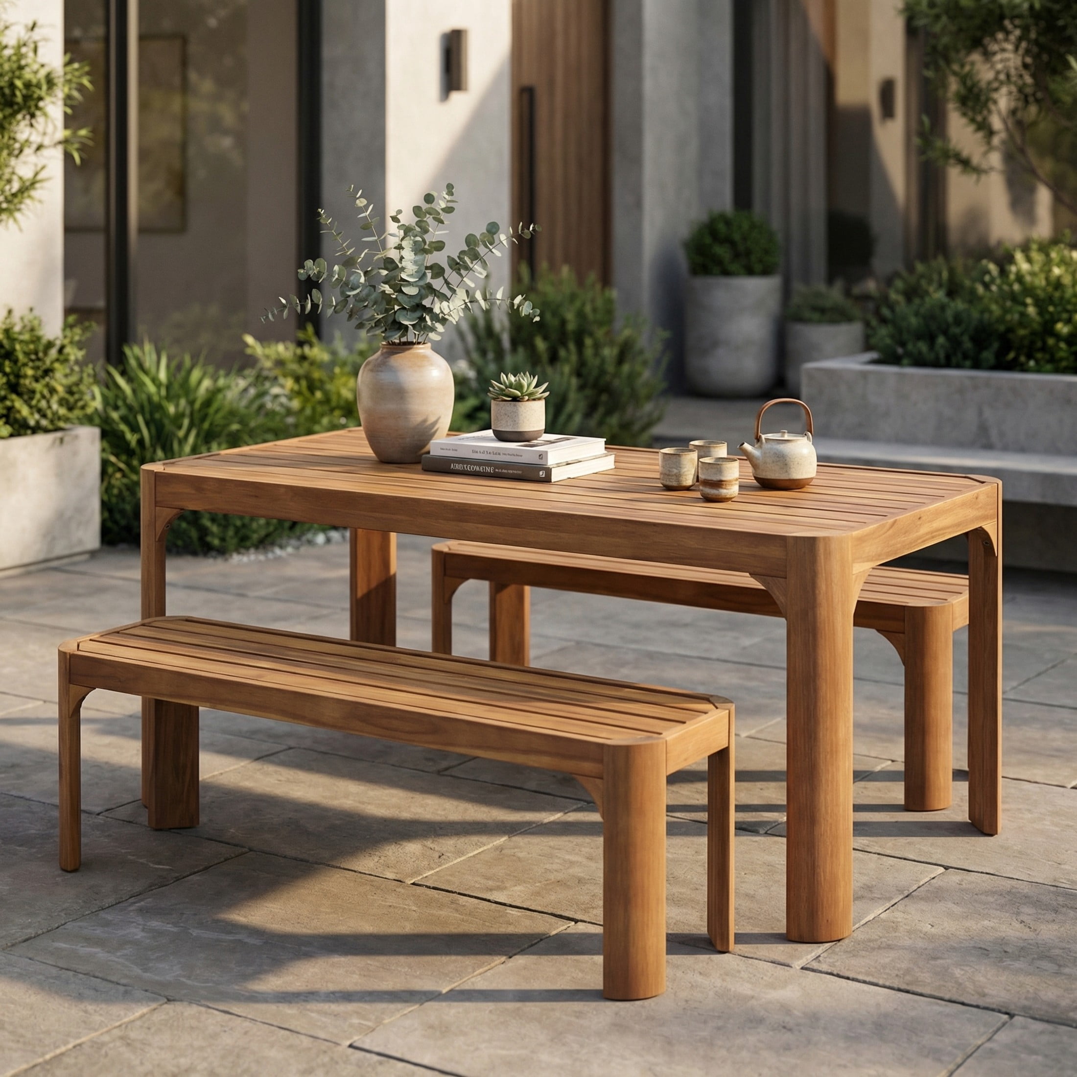 Christopher Knight Home 3-Piece Outdoor Dining Set for 6-8, Slatted Acacia Wood Table with Benches, Teak