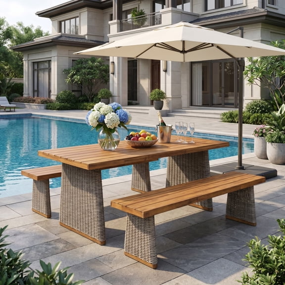 Christopher Knight Home 3-Piece Outdoor Dining Set with Wood Slatted Table and 2 Benches, Rattan Legs, Brown