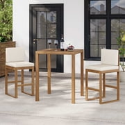 Christopher Knight Home 3-Piece Outdoor Patio Bar Set, Wood Table & Two Barstools with Cushions, Light Brown+Light Beige