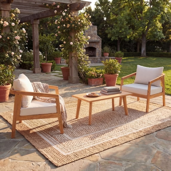 Christopher Knight Home 3-Piece Outdoor Patio Chat Set, Natural Acacia Wood Frame with Beige Cushions