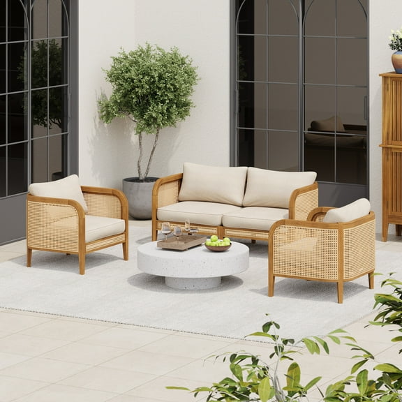Christopher Knight Home 3-Piece Outdoor Patio Chat Set, Wicker Loveseat & Armchairs, Acacia Wood Frame, Teak Beige