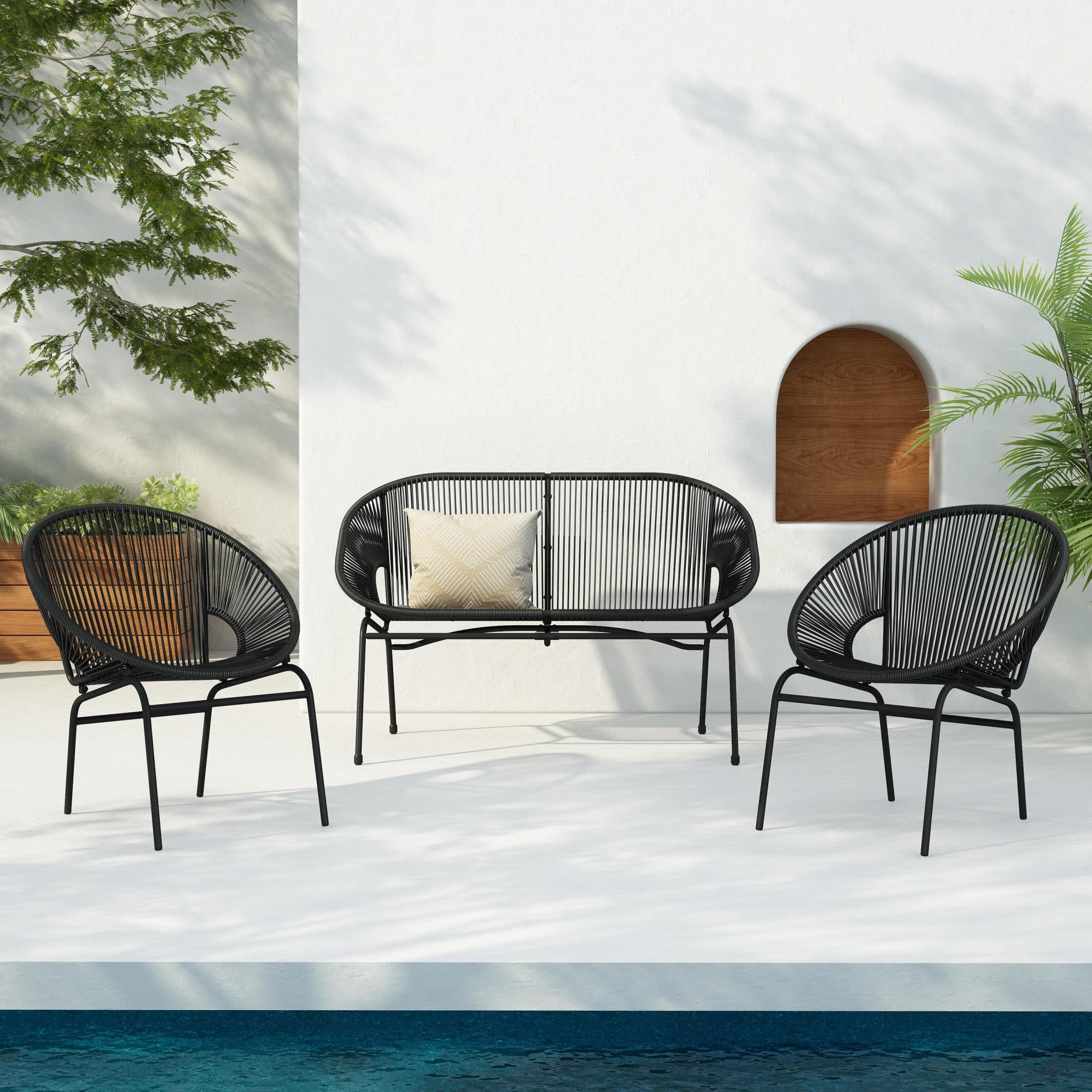 Christopher Knight Home 3-Piece Outdoor Patio Chat Set, Woven Rattan Club Chairs & Loveseat with Iron Frame, Black