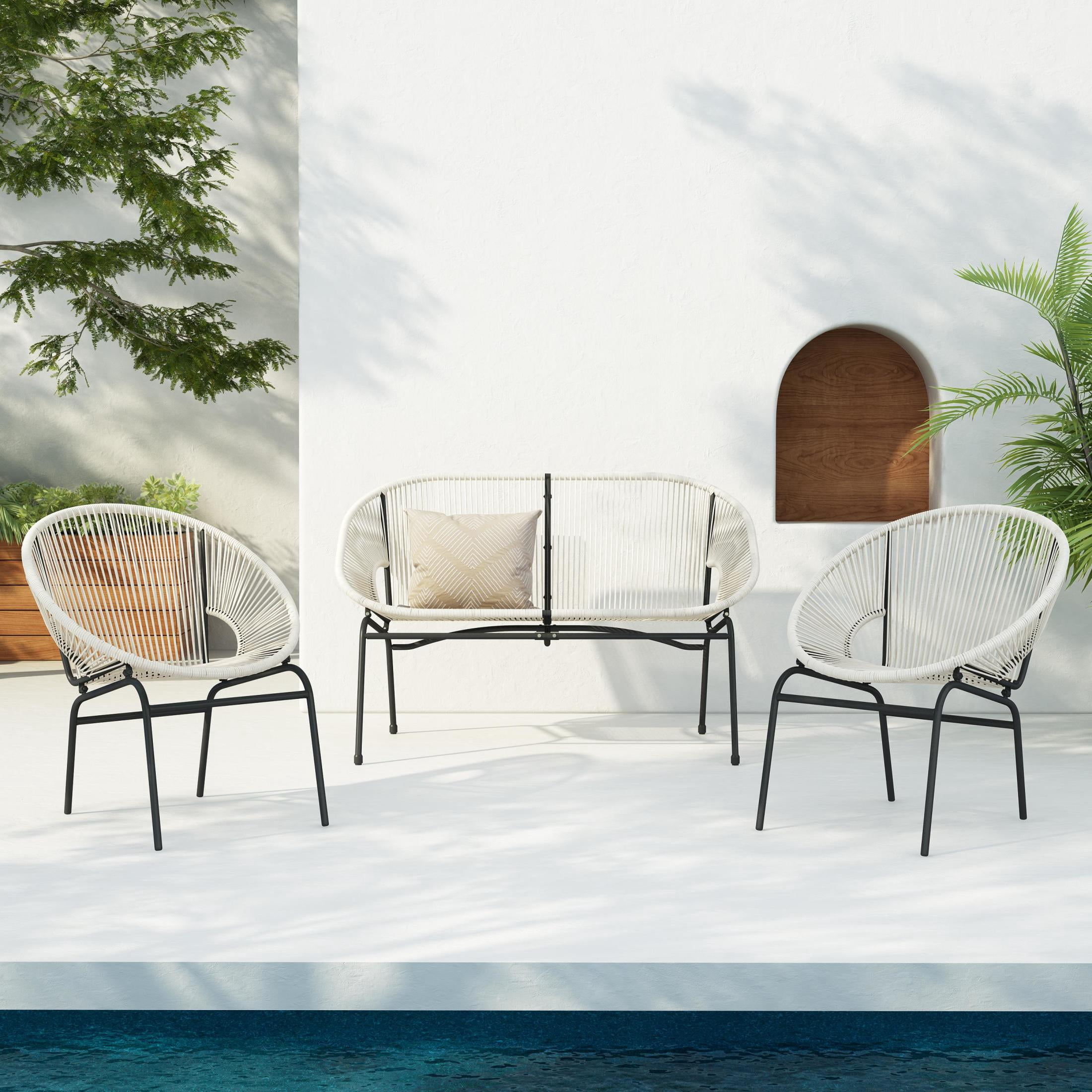 Christopher Knight Home 3-Piece Outdoor Patio Chat Set, Woven Rattan Club Chairs & Loveseat with Iron Frame, White