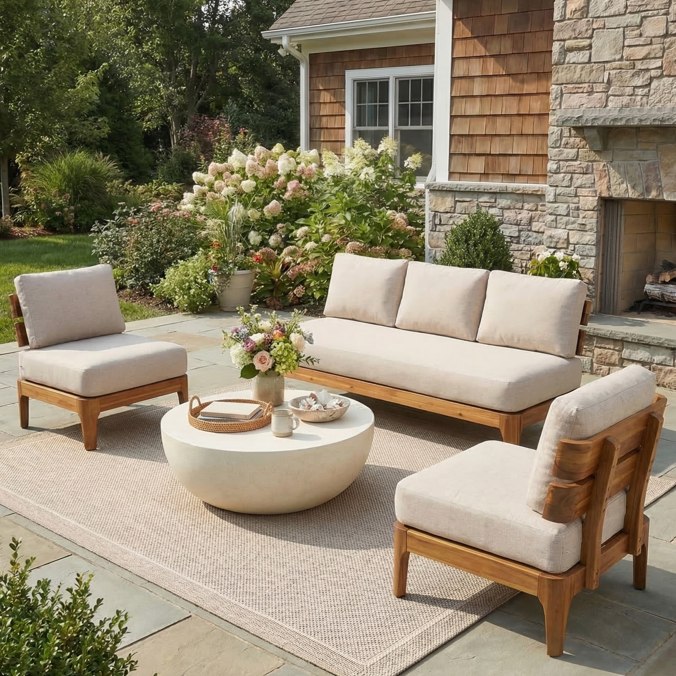 Christopher Knight Home 3-Piece Outdoor Patio Set, Acacia Wood Sofa and Club Chairs, Teak + Beige