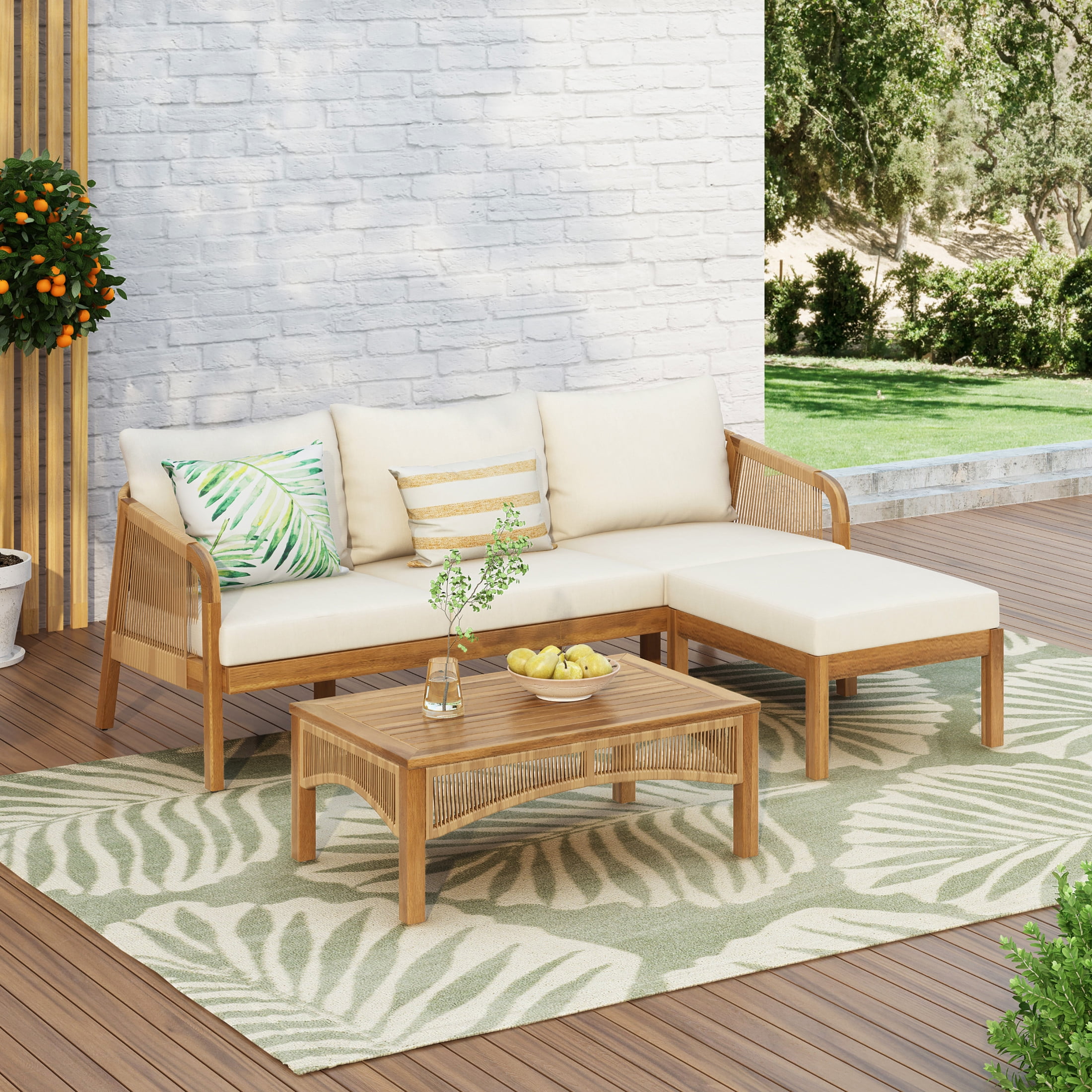 Christopher Knight Home 3-Piece Outdoor Rattan Sectional Sofa Set with Coffee Table, Beige Cushions, Teak Finish