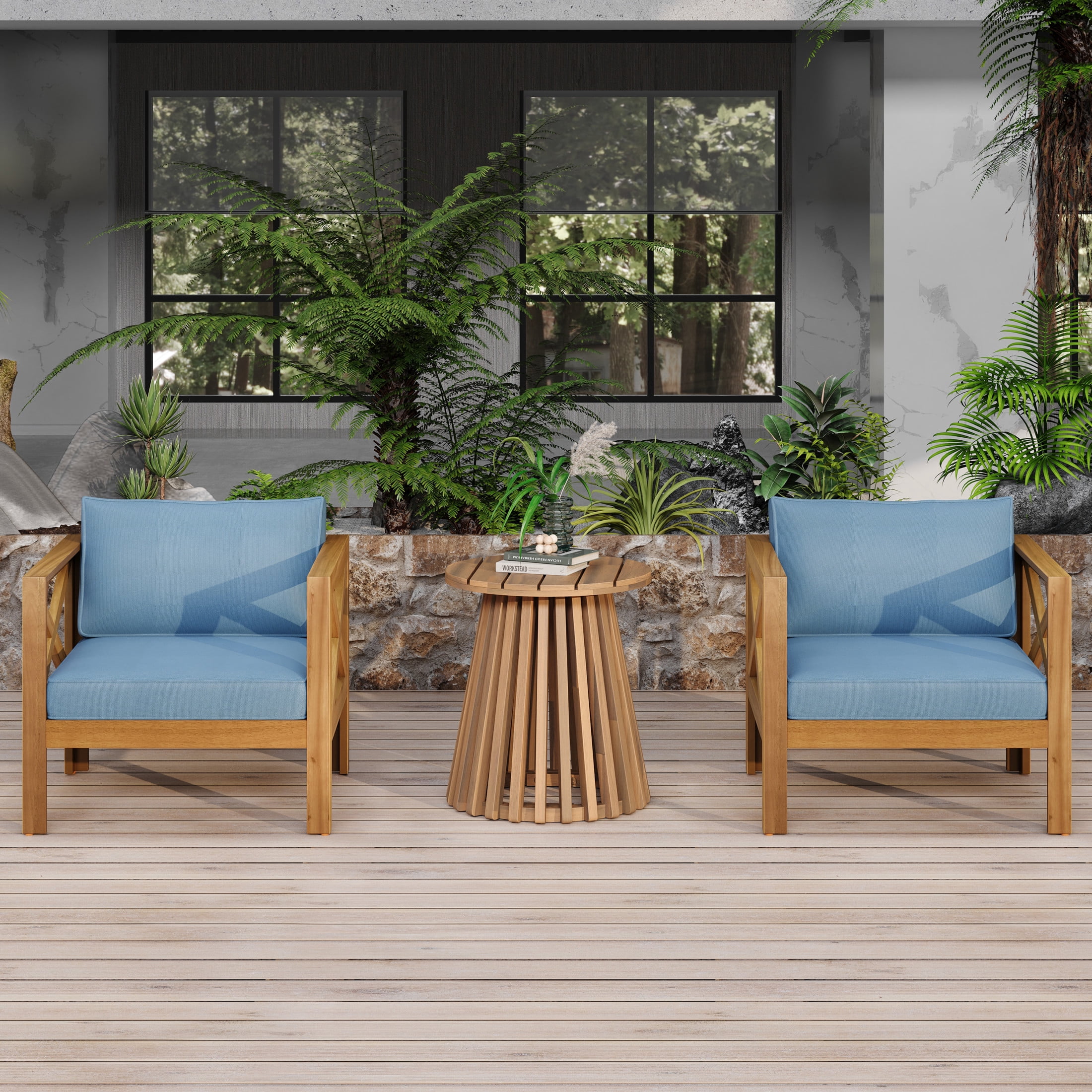 Christopher Knight Home 3-Piece Outdoor Wood Bistro Set, Armchair with Round Side Table, Blue Cushion