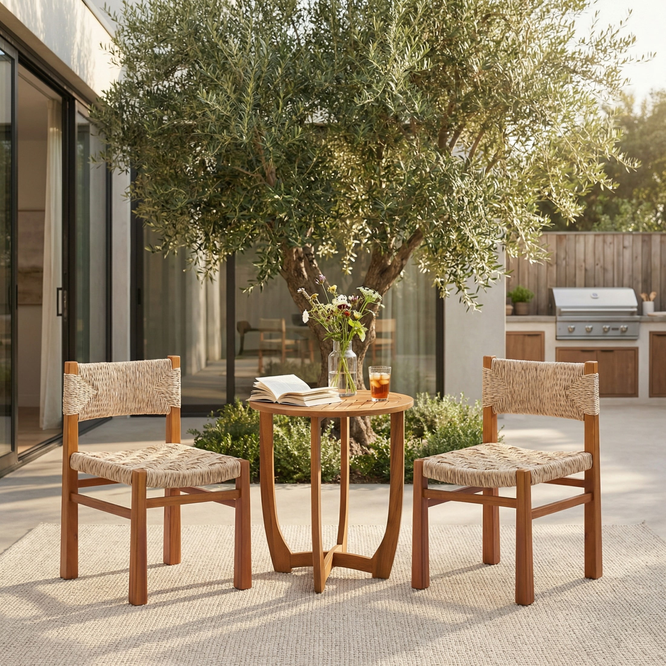 Christopher Knight Home 3-Piece Outdoor Wood Dining Set, Teak Bistro Table and Light Brown Wicker Chairs
