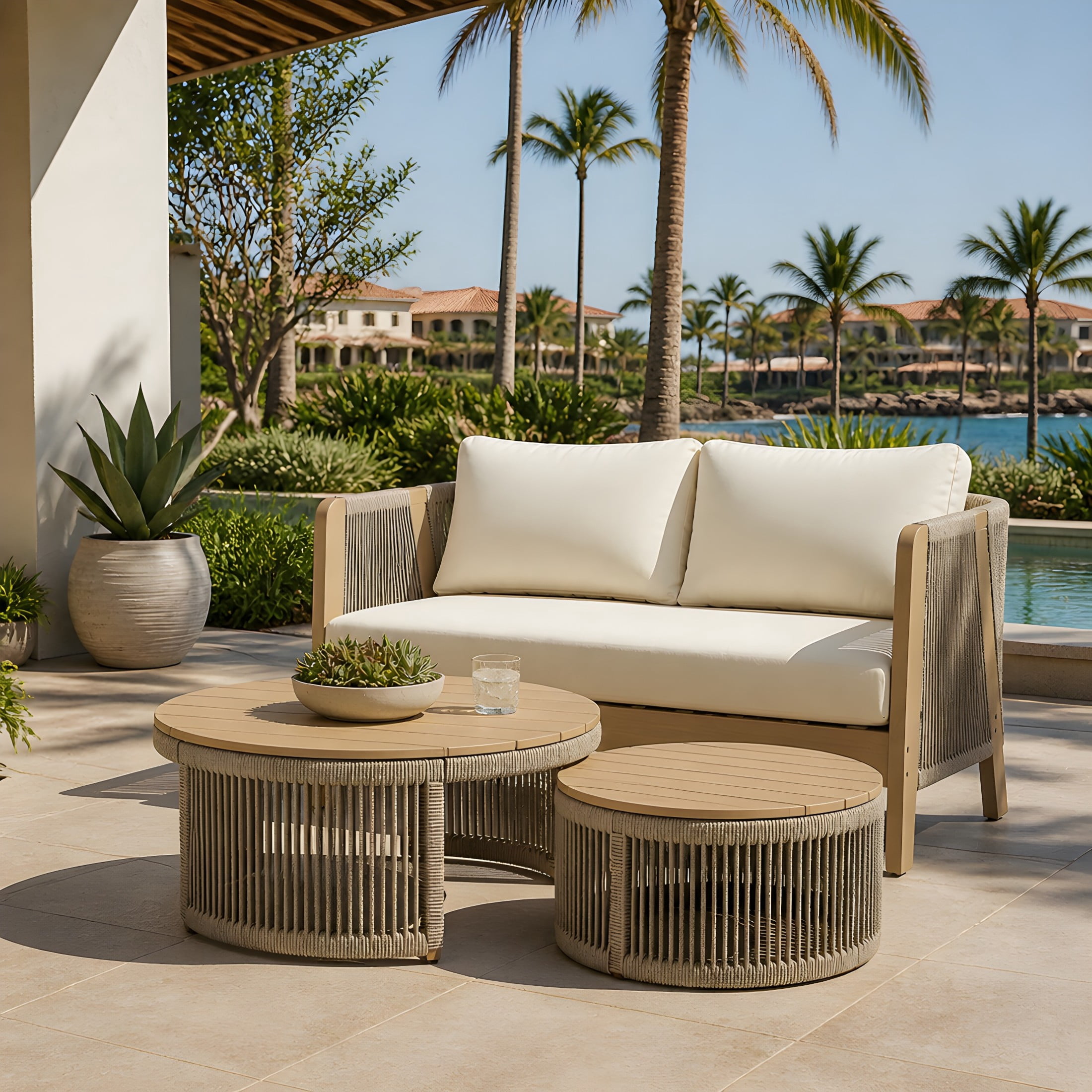 Christopher Knight Home 3-Piece Patio Conversation Set, Rope Accent Seating with Cushions, Light Teak+Cream
