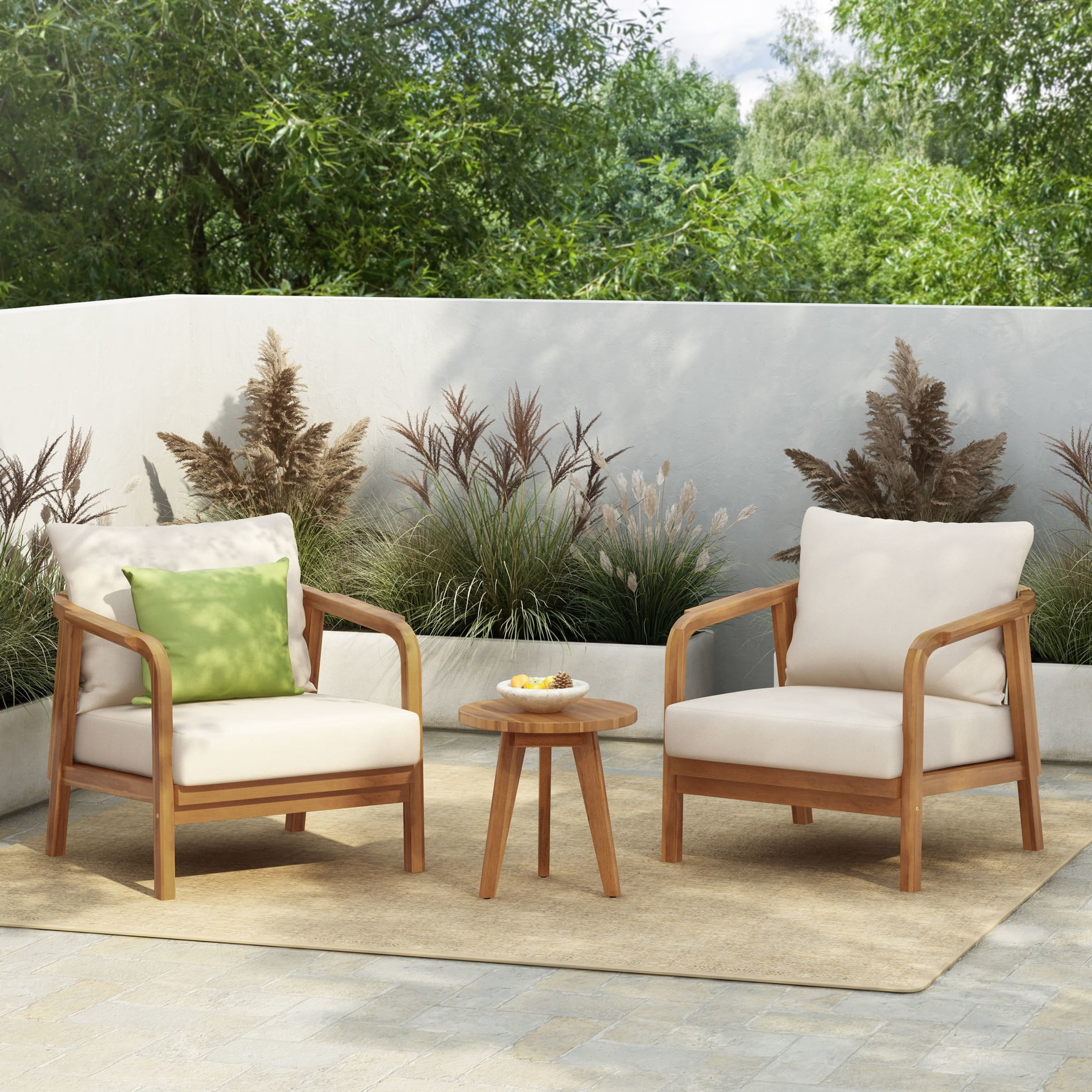 Christopher Knight Home 3-Piece Patio Lounge Set, Solid Wood Chairs with Beige Cushions and Round Acacia Wood Side Table, Natural