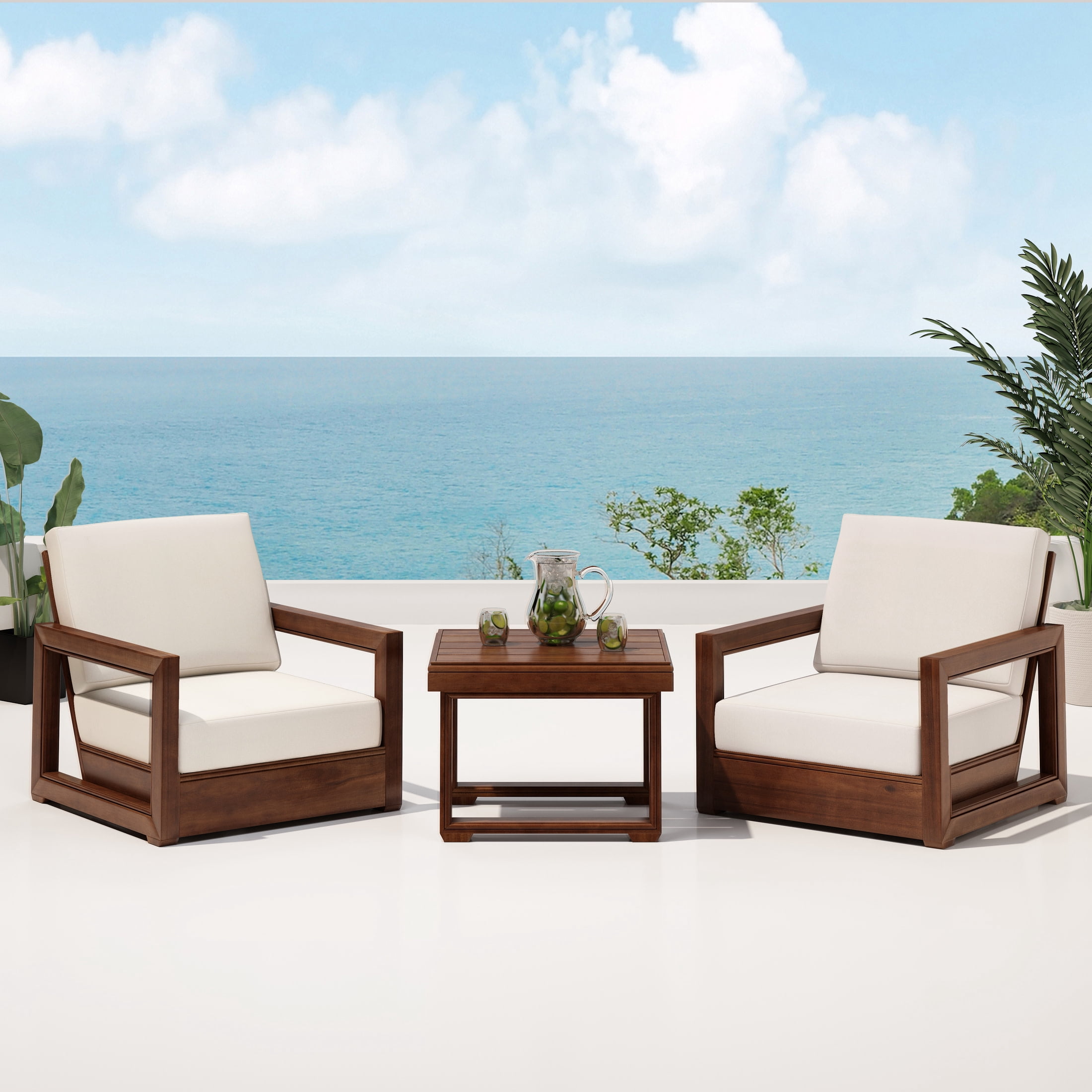 Christopher Knight Home 3-Piece Patio Outdoor Chat Set, Mocha Finish Acacia Wood Frame and Beige Cushions