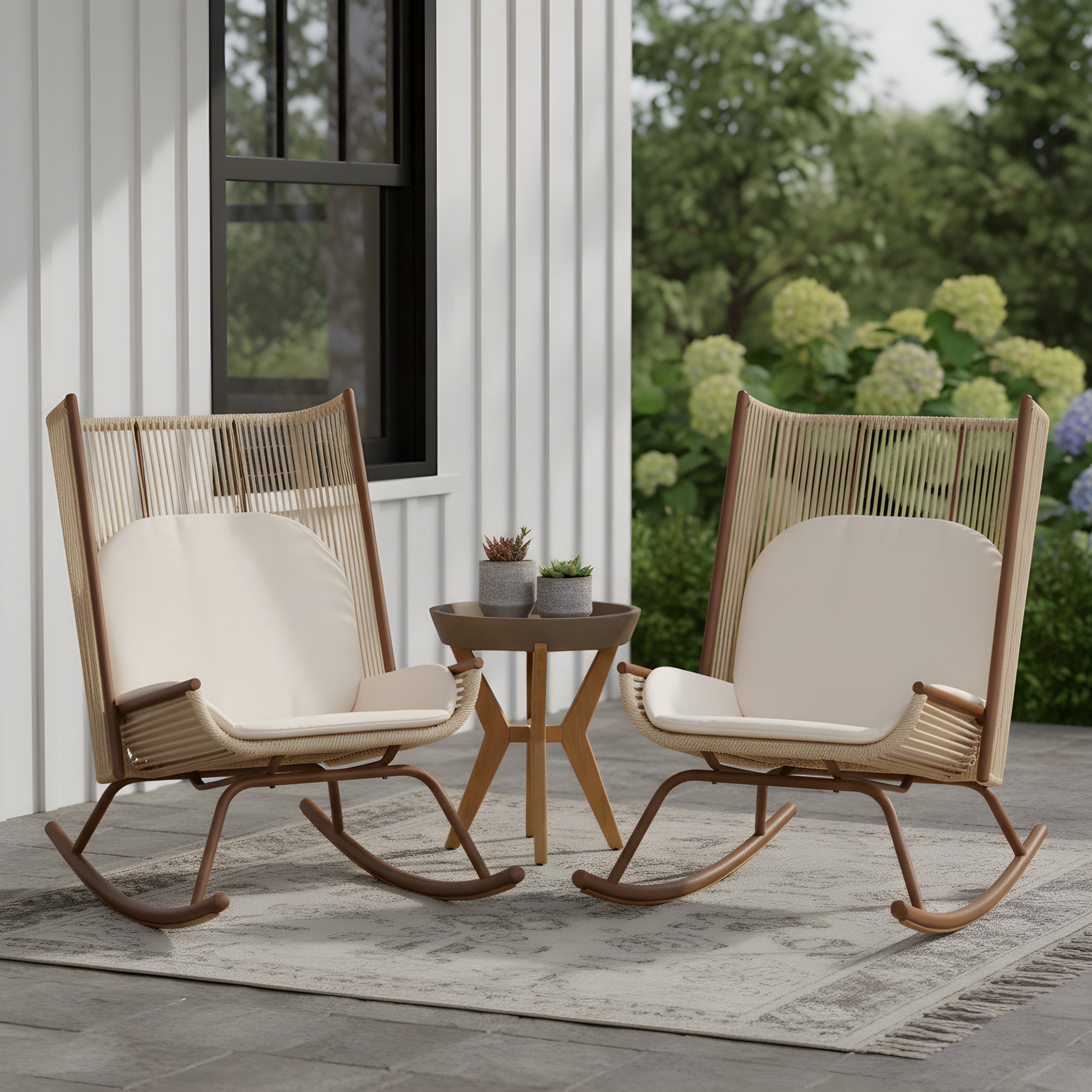 Christopher Knight Home 3 Piece Rocking Chair Set, Rattan Chairs with Concrete Top Side Table, Teak + Beige