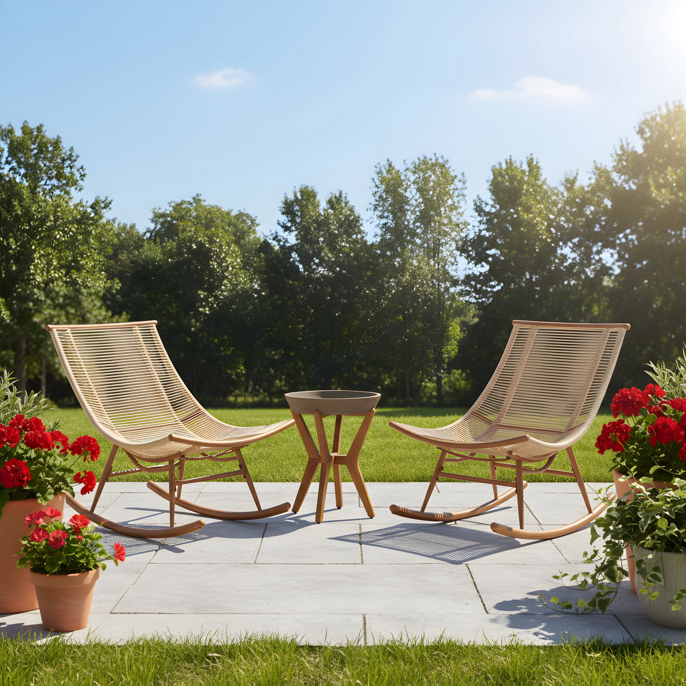 Christopher Knight Home 3 Piece Rocking Chair Set, Rattan Chairs with Concrete Top Side Table, Teak + Beige