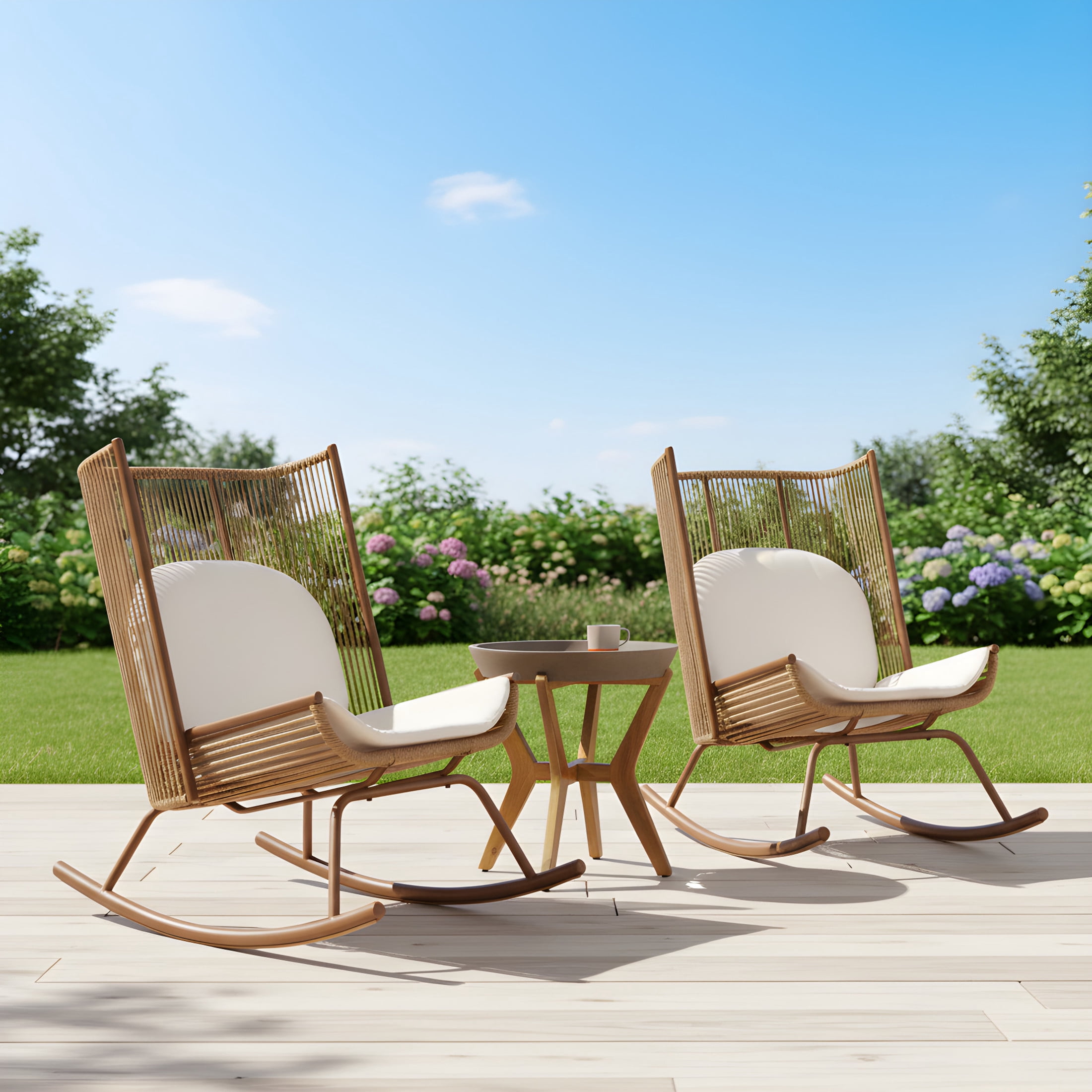 Christopher Knight Home 3 Piece Rocking Chair Set, Rattan Chairs with Concrete Top Side Table, Teak + Brown