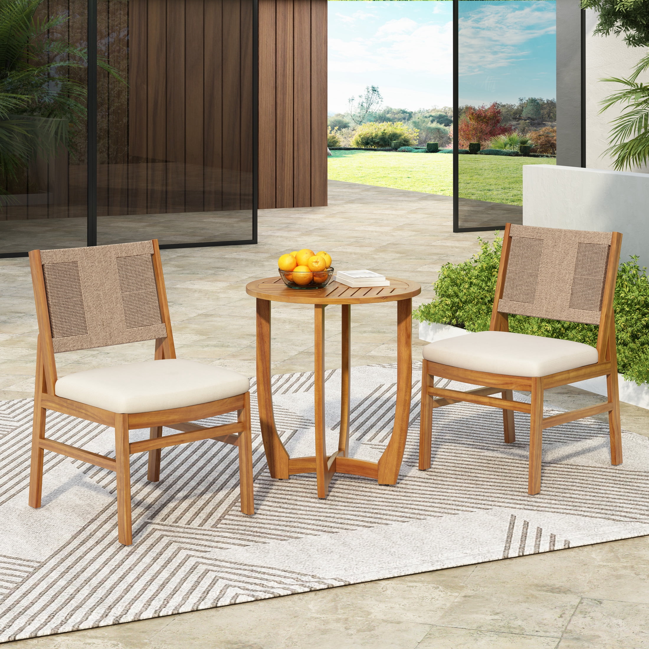 Christopher Knight Home 3-Piece Rustic Outdoor Bistro Set, Round Table with Wicker Chairs, Cream Cushion