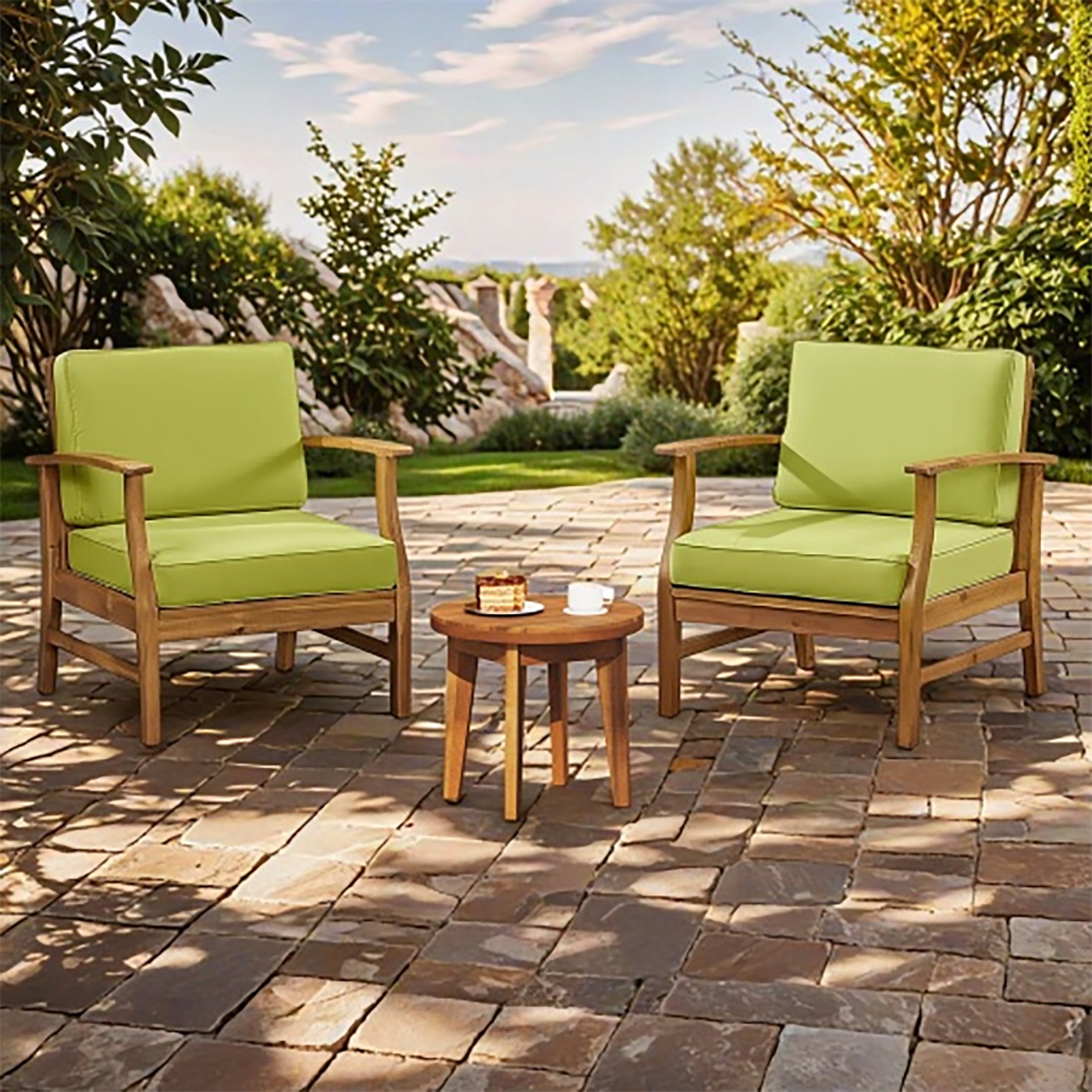 Christopher Knight Home 3-Piece Rustic Outdoor Chat Set with Club Chairs & Side Table, Acacia Wood Frame, Green+Teak