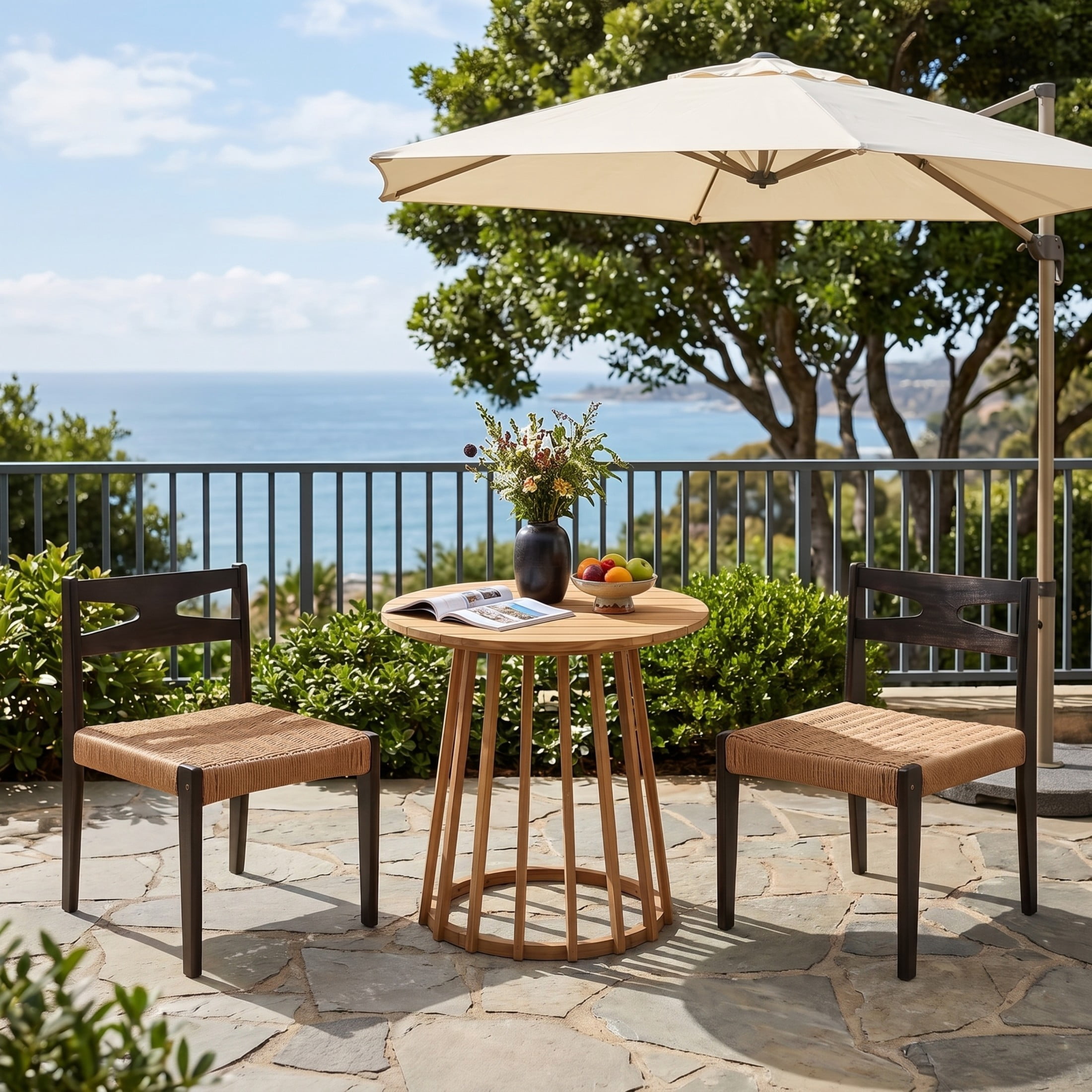 Christopher Knight Home 3-Piece Rustic Wood Bistro Dining Set, Woven Chairs with Round Table, Teak+Black