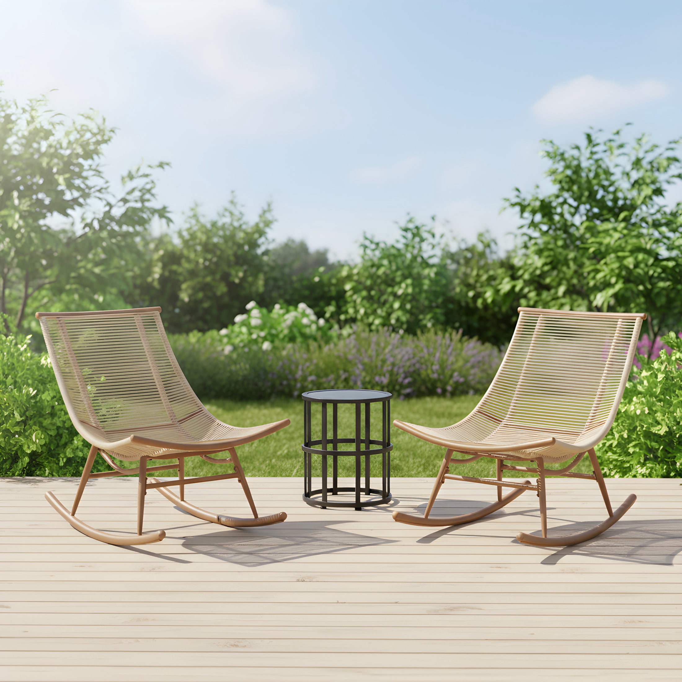 Christopher Knight Home 3-Piece Smooth Arc Outdoor Rocking Chair with 16.5" Side Table, Beige Rattan