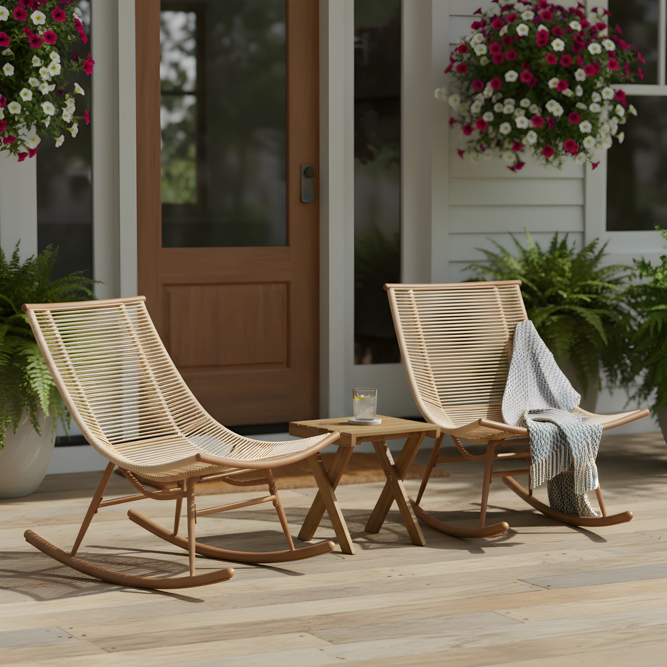 Christopher Knight Home 3-Piece Smooth Arc Outdoor Rocking Chair with Acacia Cross Base Side Table, Beige