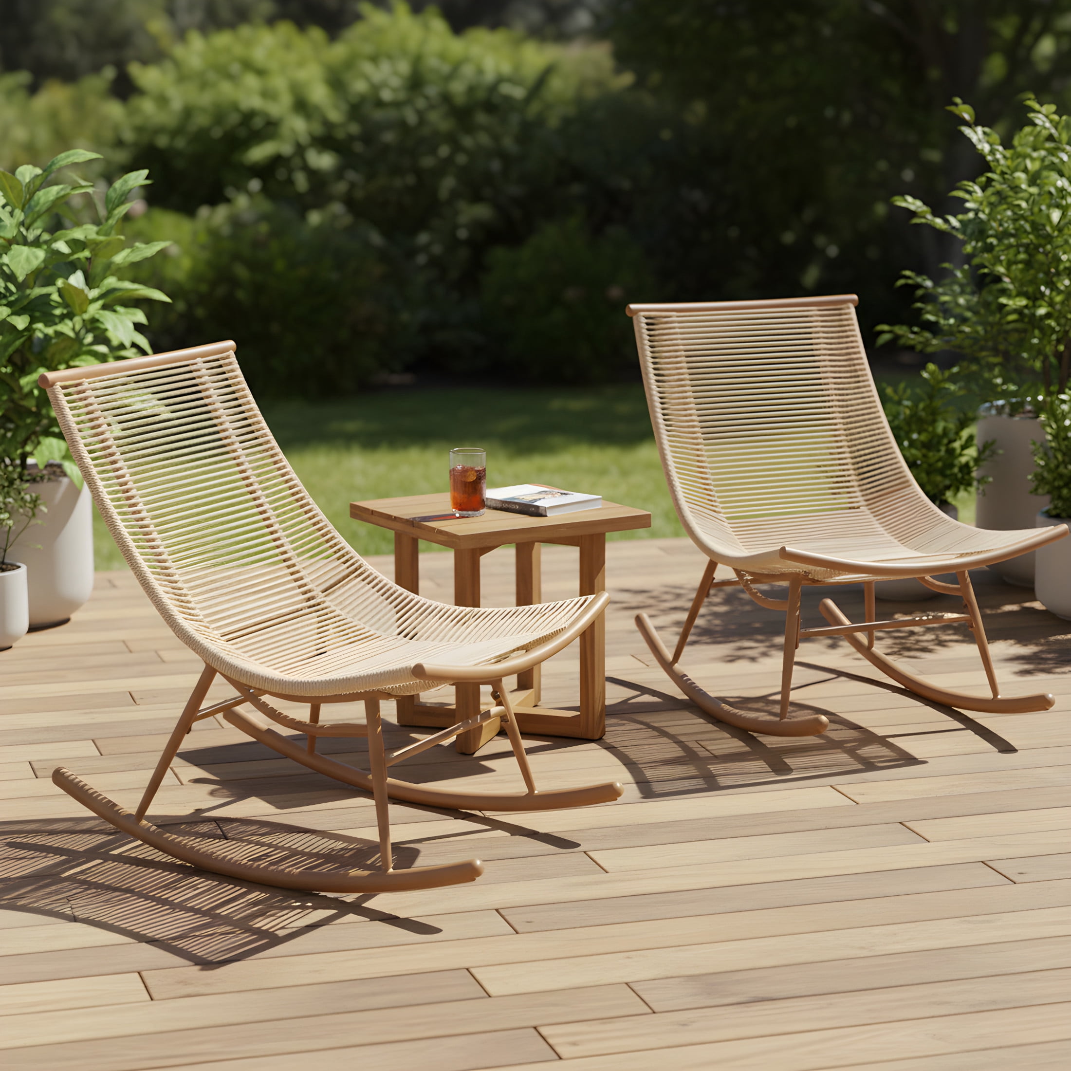 Christopher Knight Home 3-Piece Smooth Arc Outdoor Rocking Chair with Acacia Cross-Stretcher Side Table, Beige