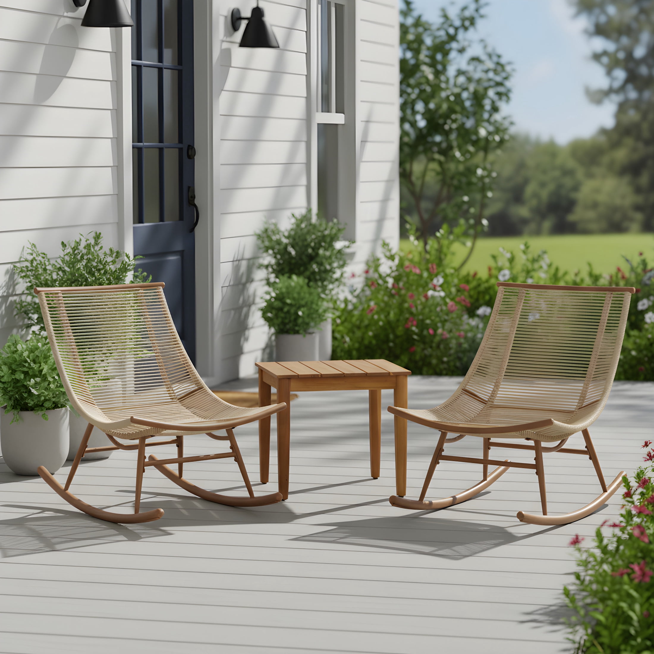 Christopher Knight Home 3-Piece Smooth Arc Outdoor Rocking Chair with Rustic Acacia Slat Side Table, Beige