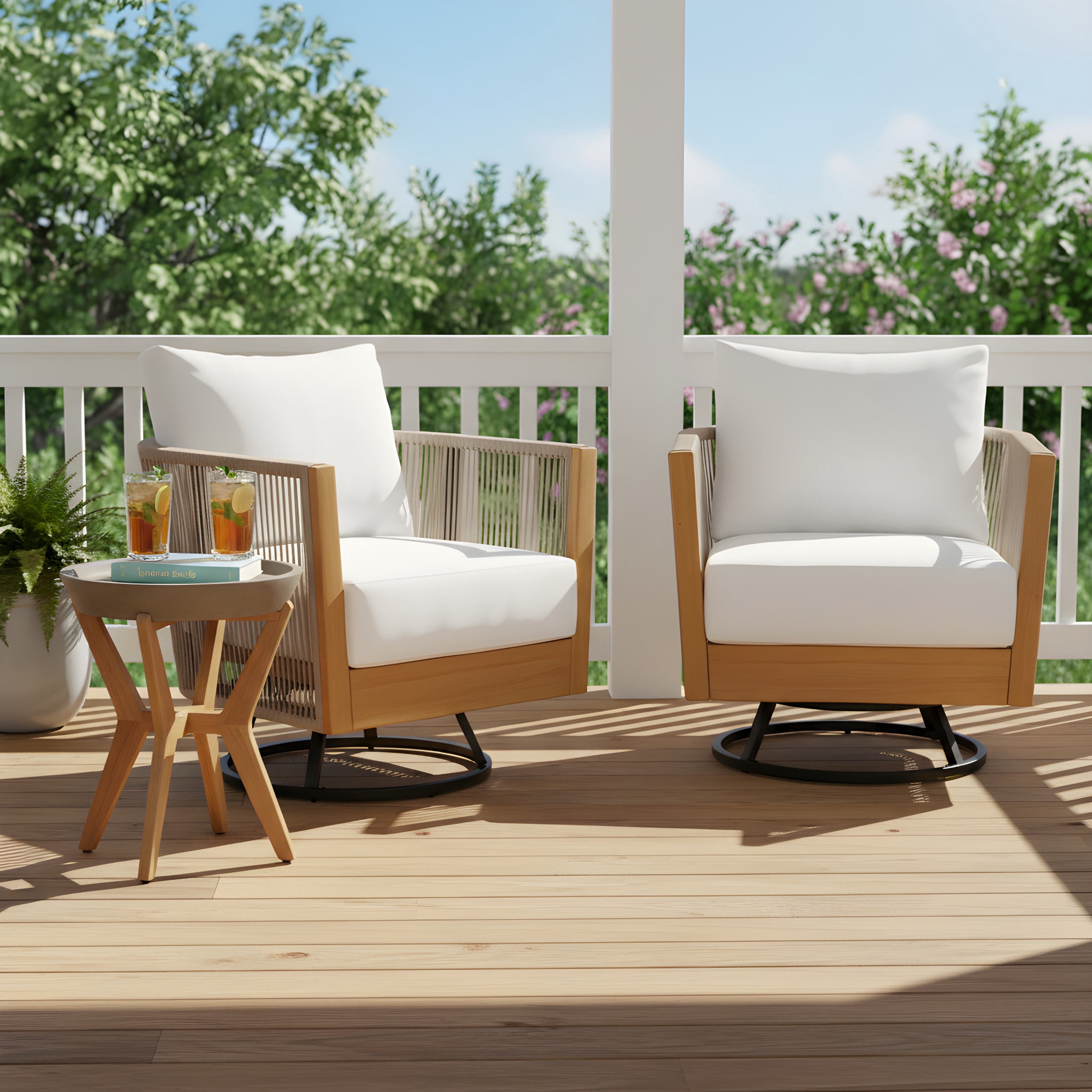 Christopher Knight Home 3-Piece Swivel Chairs and Concrete-Acacia Side Table Set, Beige + Light Gray