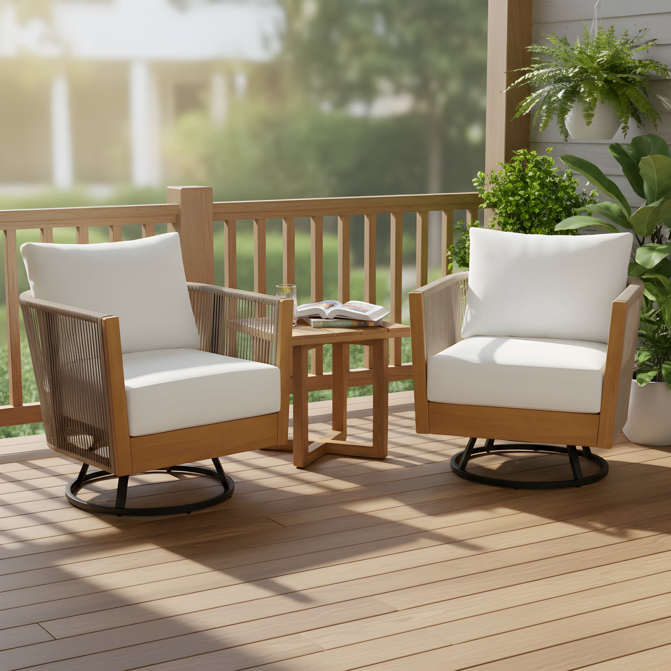 Christopher Knight Home 3-Piece Swivel Chairs and Cross-Stretcher Side Table Set, Natural + Beige