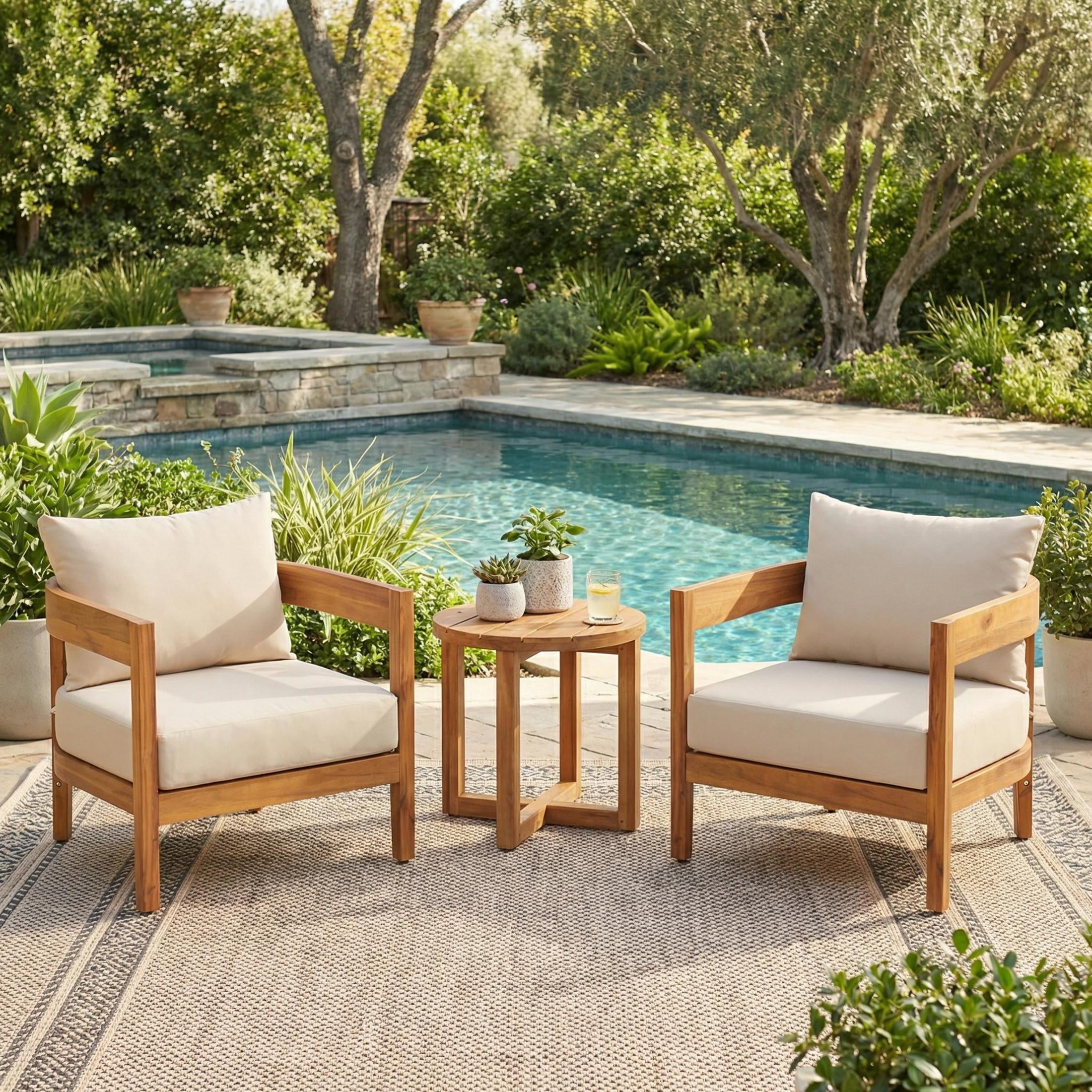 Christopher Knight Home 3-Piece Teak Outdoor Chat Set, Club Chairs with Beige Cushions and Side Table