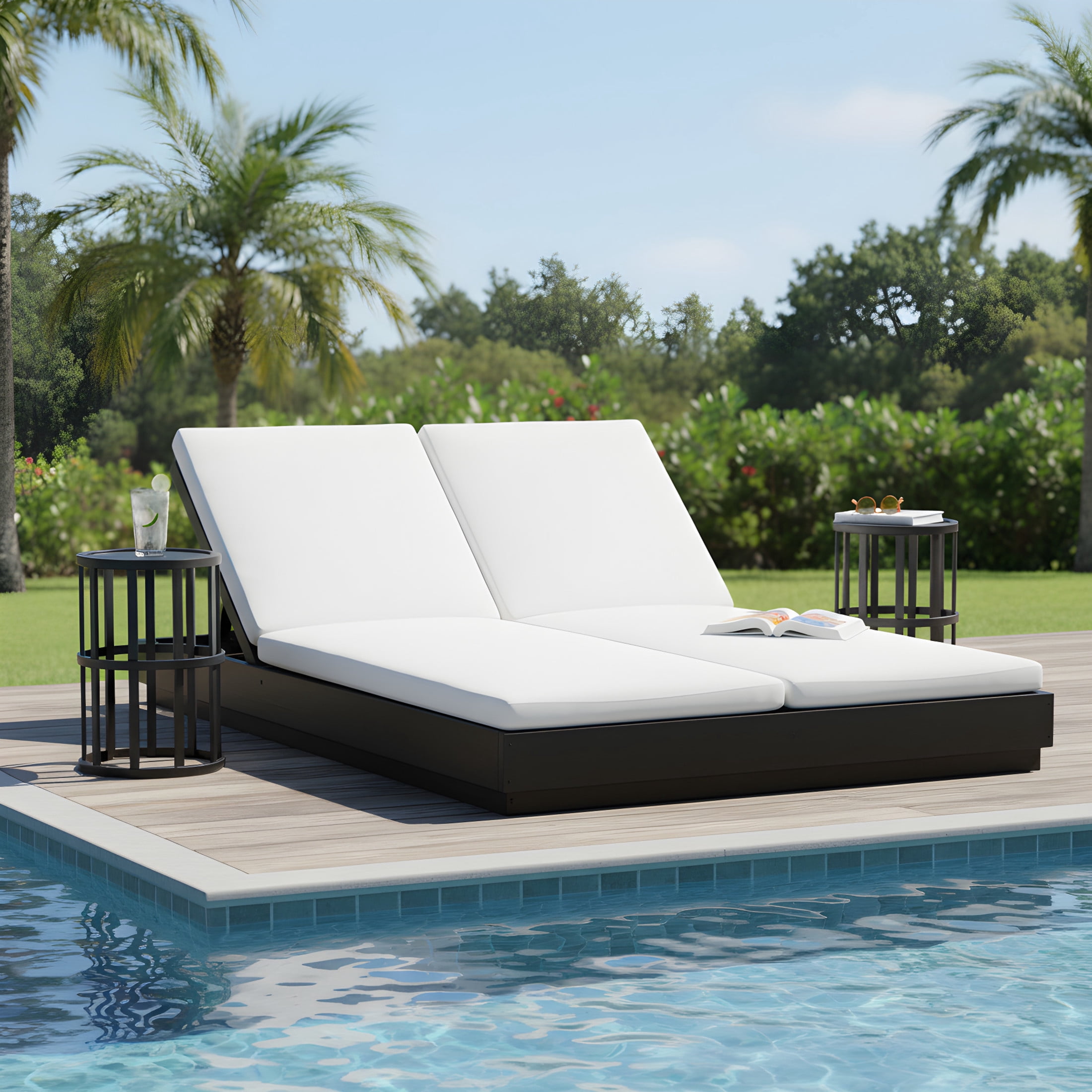 Christopher Knight Home 3-Piece Wood Adjustable Double Chaise Lounge with 10.8" Ceramic Tile Side Tables, Black