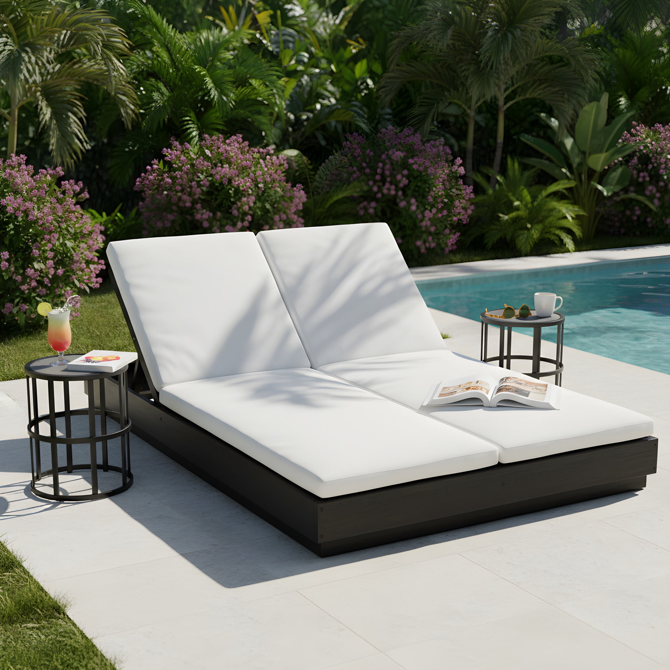 Christopher Knight Home 3-Piece Wood Adjustable Double Chaise Lounge with 16.5" Ceramic Tile Side Tables, Black