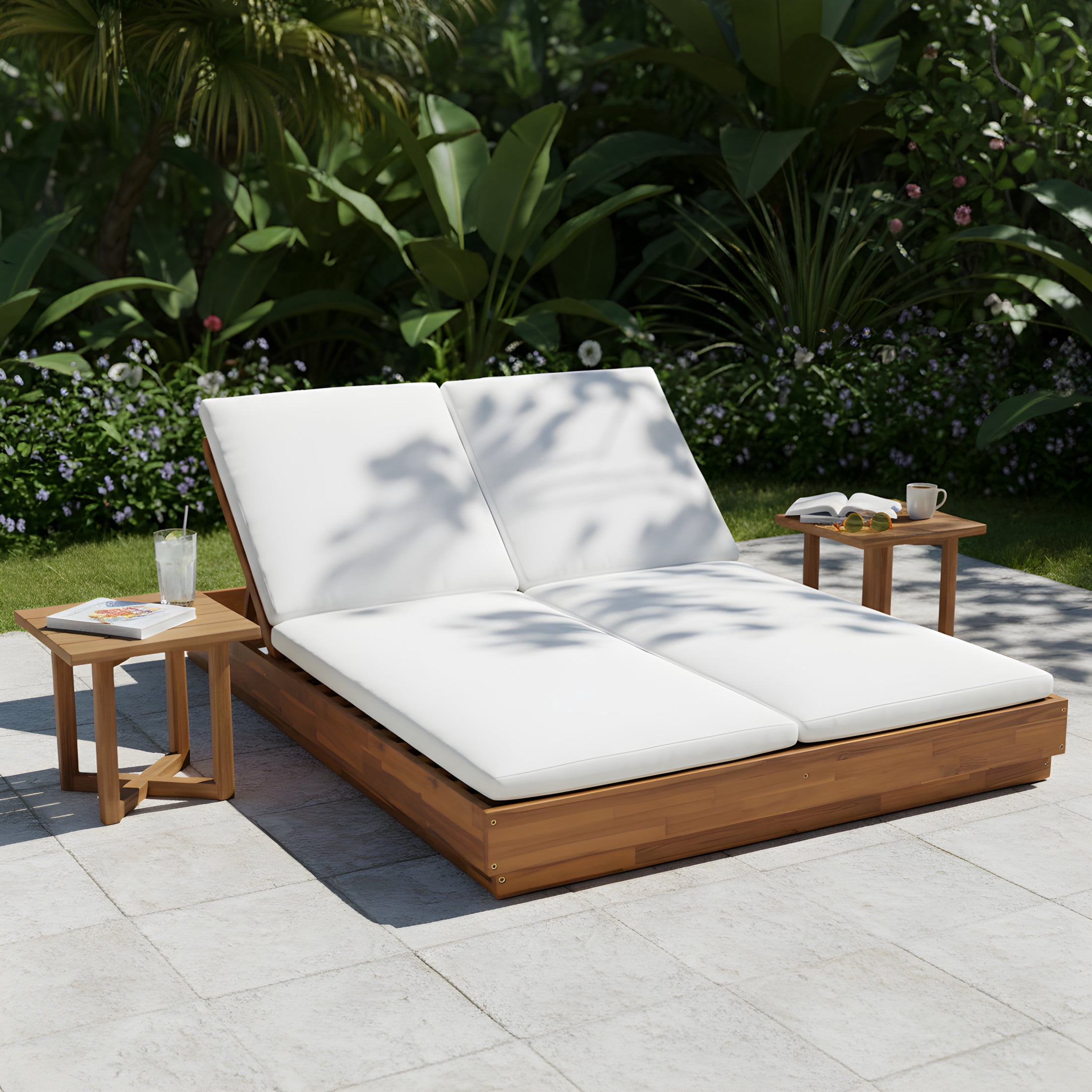 Christopher Knight Home 3-Piece Wood Adjustable Double Chaise Lounge with X-Base Side Tables, Natural