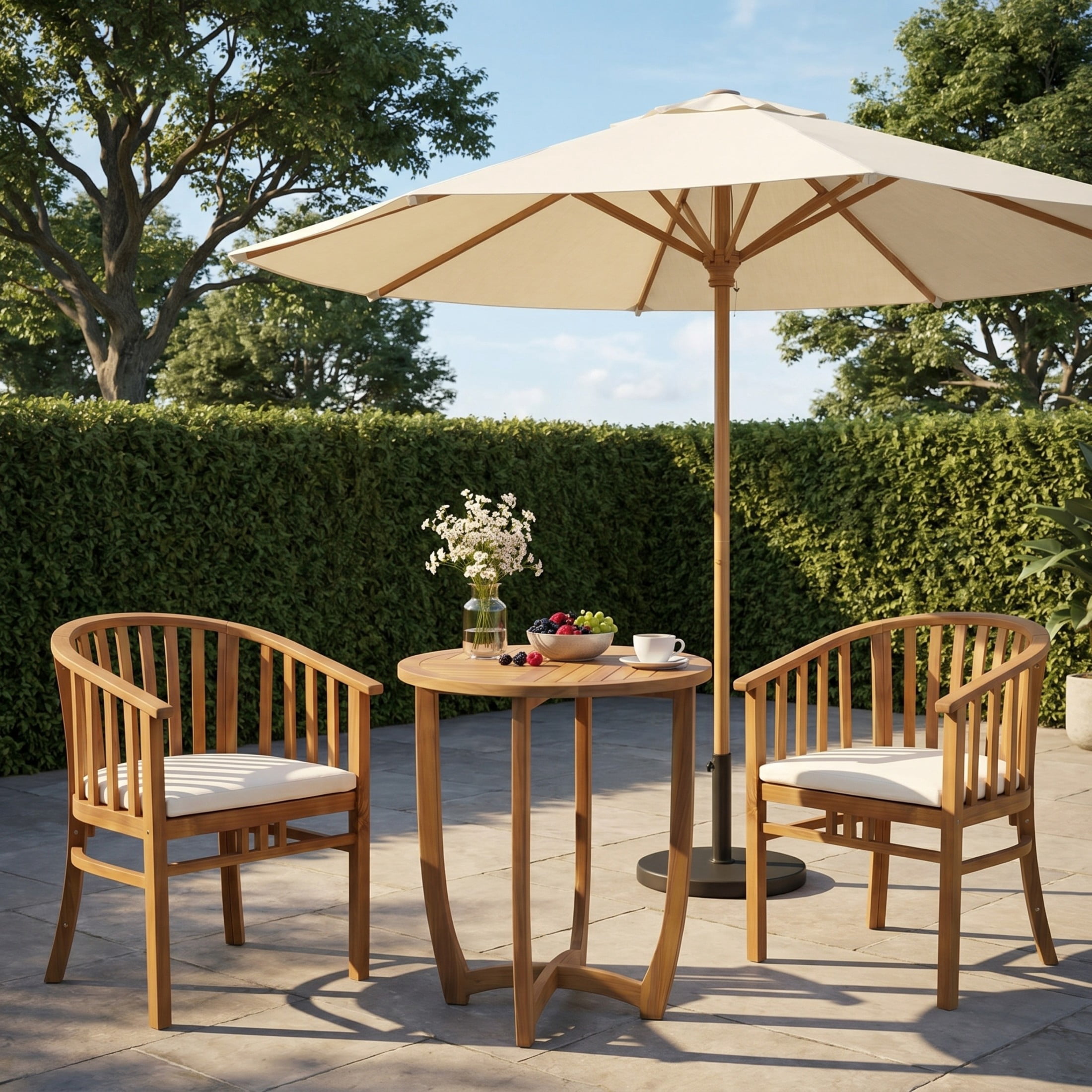 Christopher Knight Home 3-Piece Wood Bistro Dining Set, Round Table & Chairs with Cushions, Teak+Cream