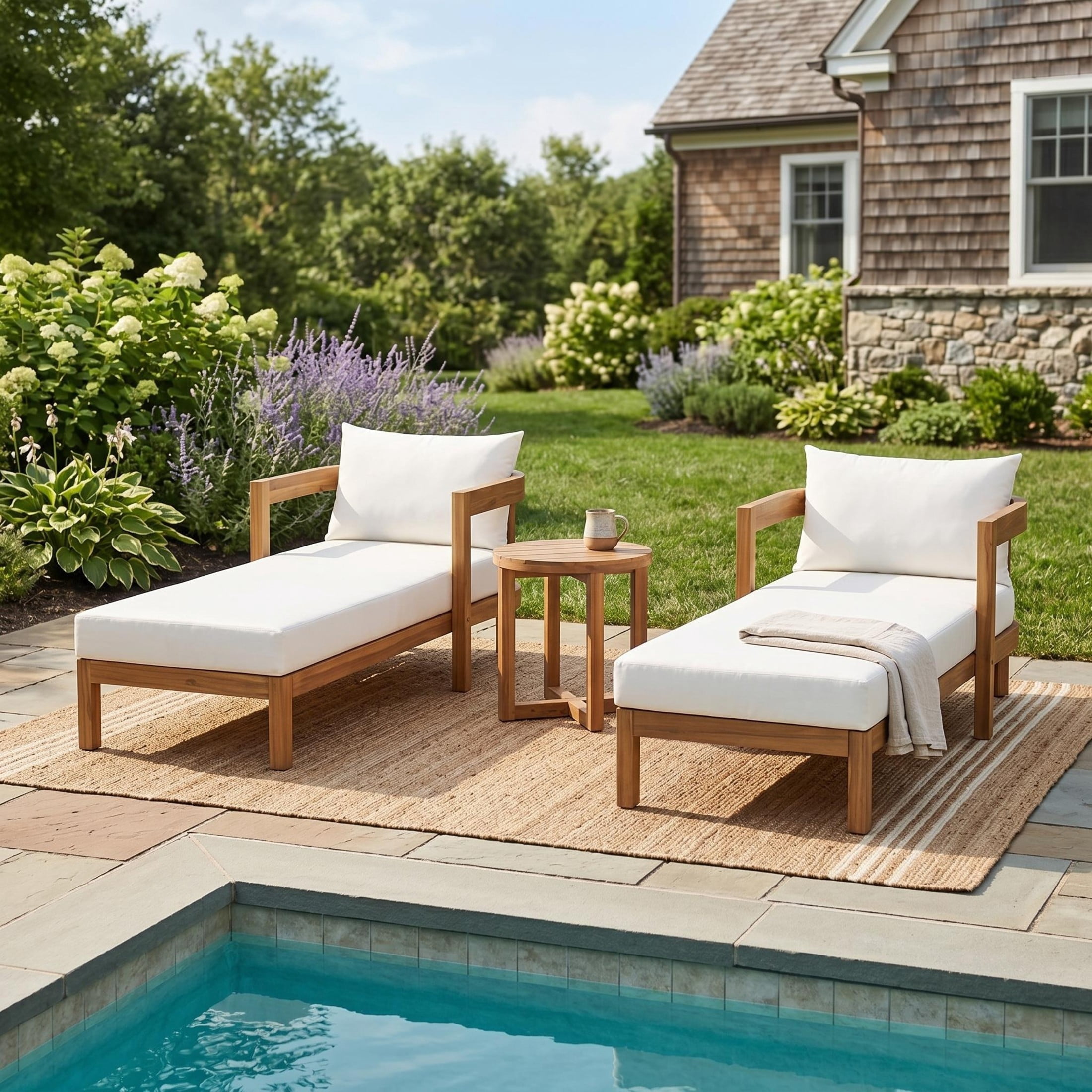 Christopher Knight Home 3-Piece Wood Outdoor Chaise Lounges Set with Round Side Table, Teak+Cream
