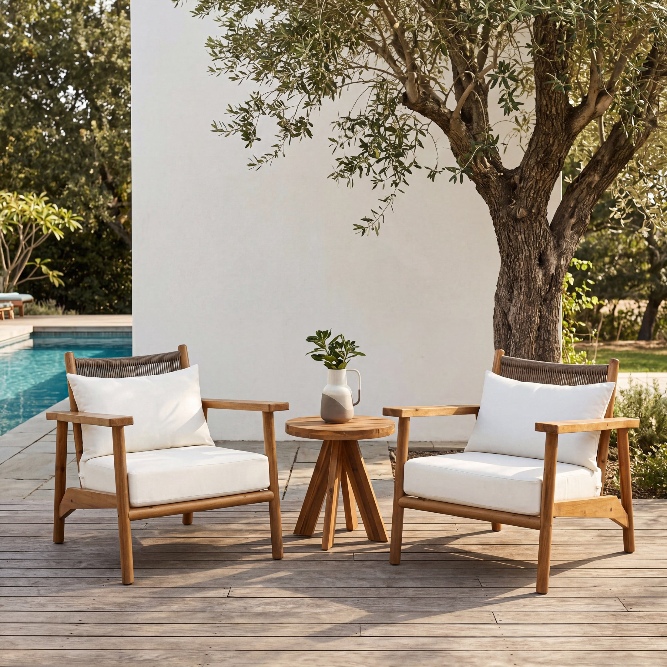 Christopher Knight Home 3-Piece Wood Outdoor Chat Set, Arm Chairs & Side Table, Beige Cushion, Teak
