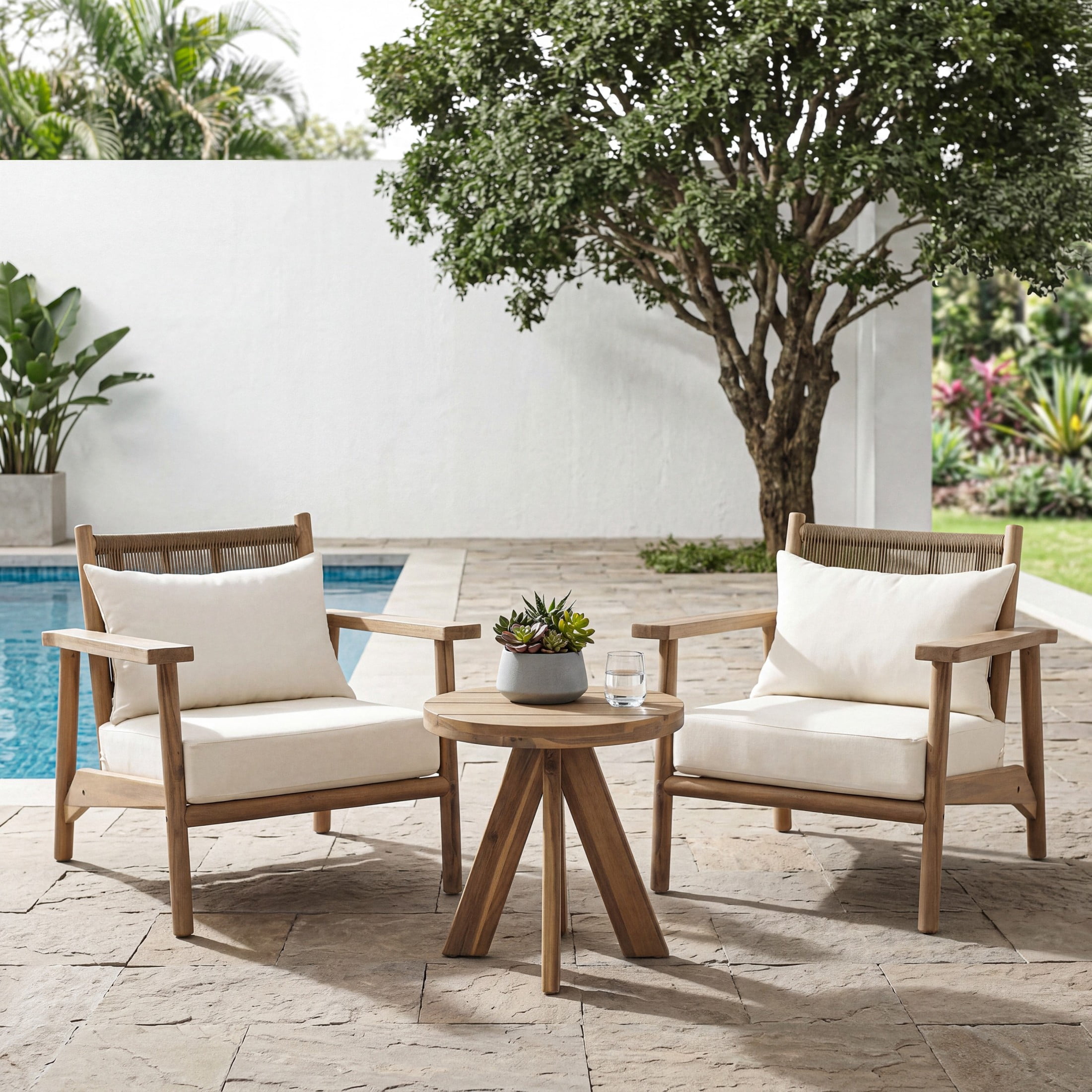 Christopher Knight Home 3-Piece Wood Outdoor Chat Set, Arm Chairs & Side Table, Beige Cushion, Warm Gray